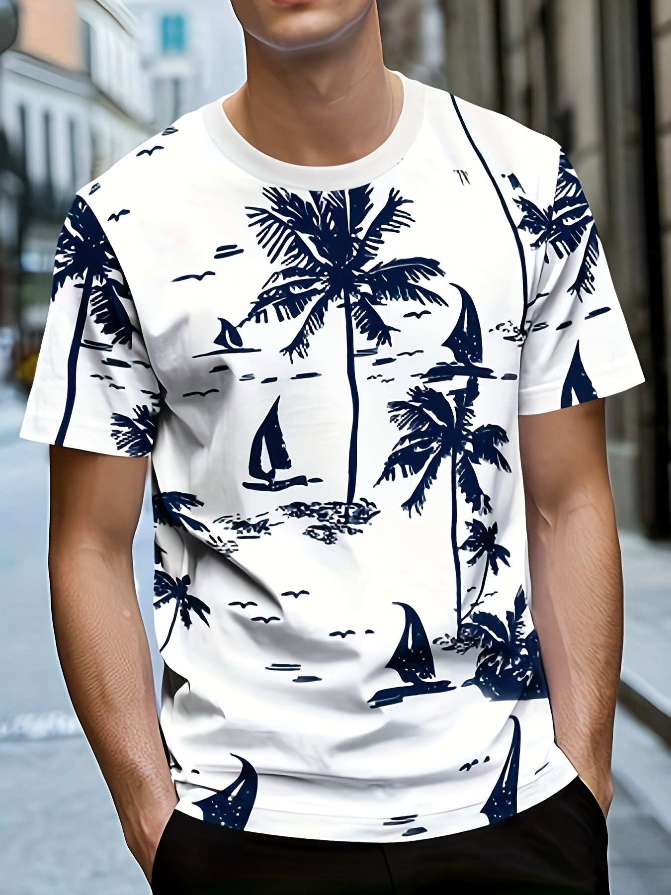 Men'S Quick-Dry Tropical Palm Tree Print T-Shirt - Breathable Round Neck Casual Tee for Summer, Outdoor Daily Wear, Lightweight Comfortable Fit, Outdoor Tshirt Tropical Print Shirt Comfortable Fit