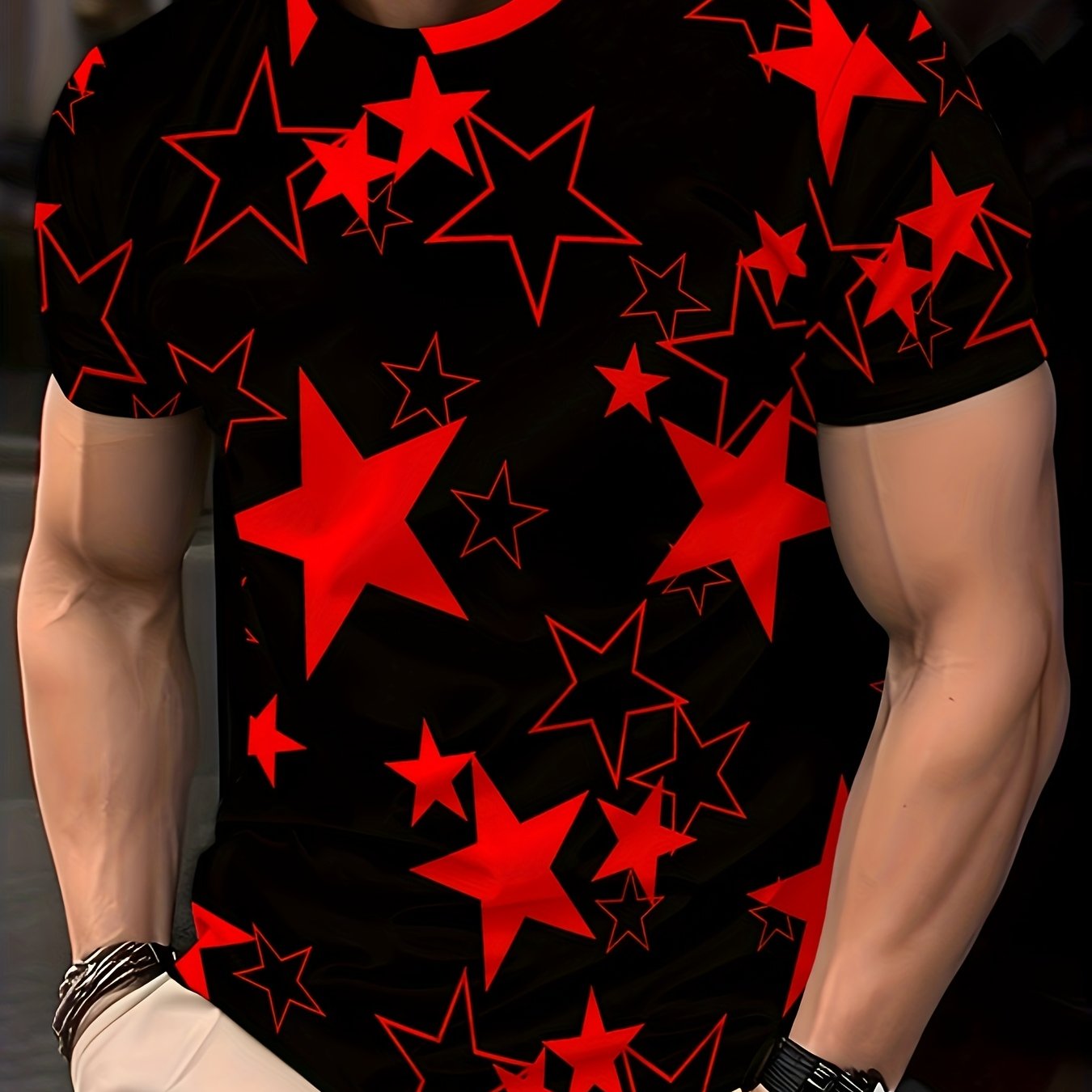 Men's Allover Color Blocking Stars Pattern Short Sleeve Crew Neck T-shirt For Summer, Casual Stylish Tee As Gift