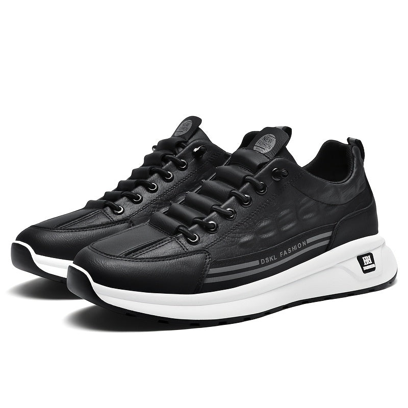 Men's Breathable Casual Sneakers - Comfortable, Versatile Stylish Shoes for Running, Sports Casual Attire, Black with White Accents, PU Upper PVC Sole, Round Toe, Lace-Up Design, All-Season Use