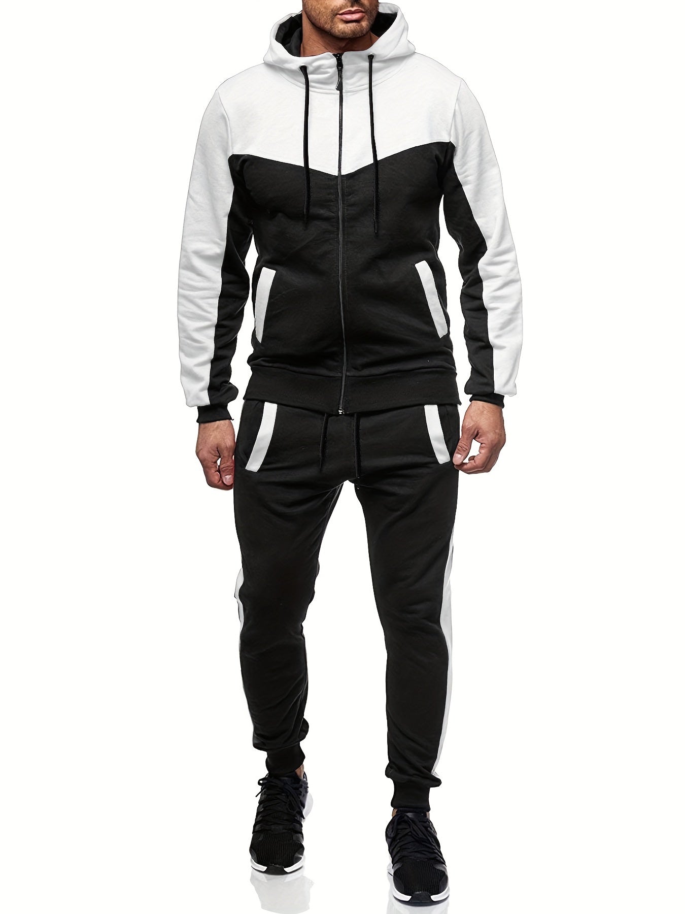 Men'S Casual Hoodie Set for Autumn And Winter, Featuring a Hooded Sweatshirt And a Sporty Cardigan in a Patchwork Design.