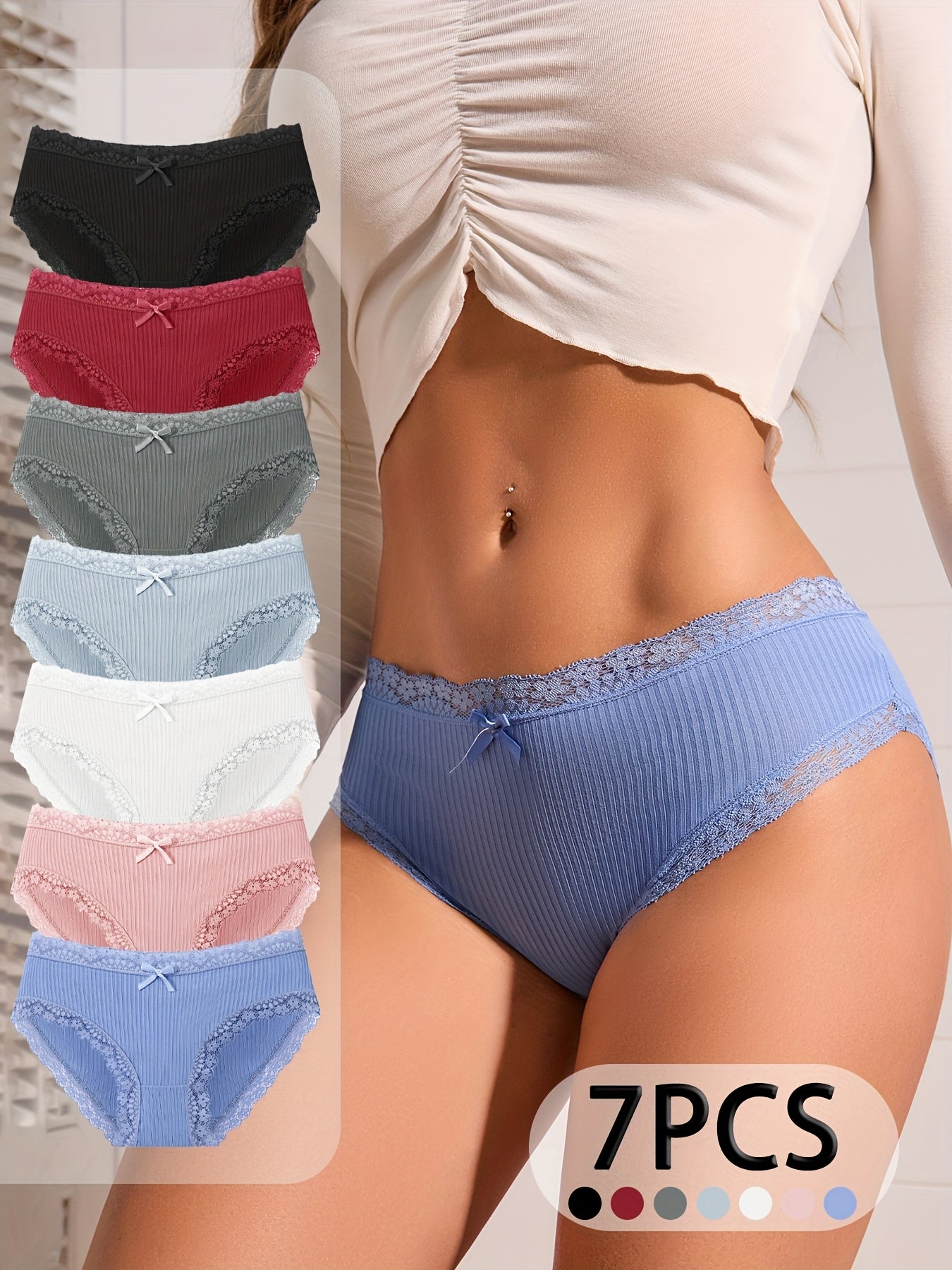 7pcs Women's High-Waisted Ribbed Briefs with Lace Trim - Soft & Breath