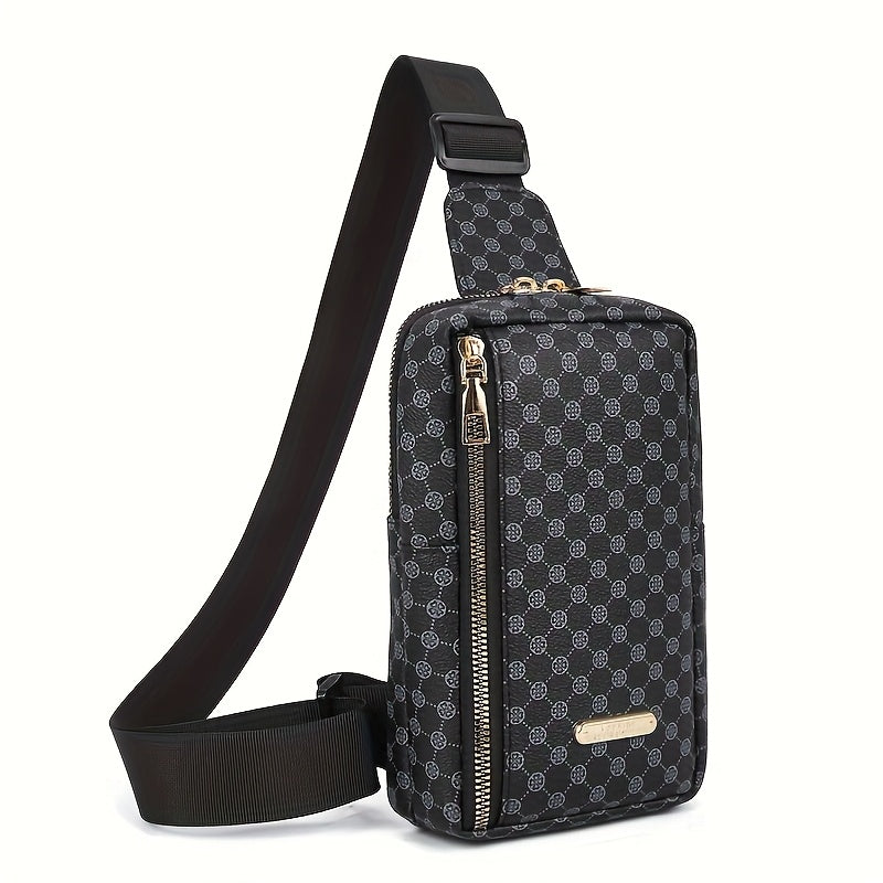 Men'S Classic Black PU Crossbody Bag with Geometric Pattern, Key Holder, Zipper Closure, Polyester Lining, Urban Style, Commuter Bag Geometric Pattern Bag Zippered Closure Bag