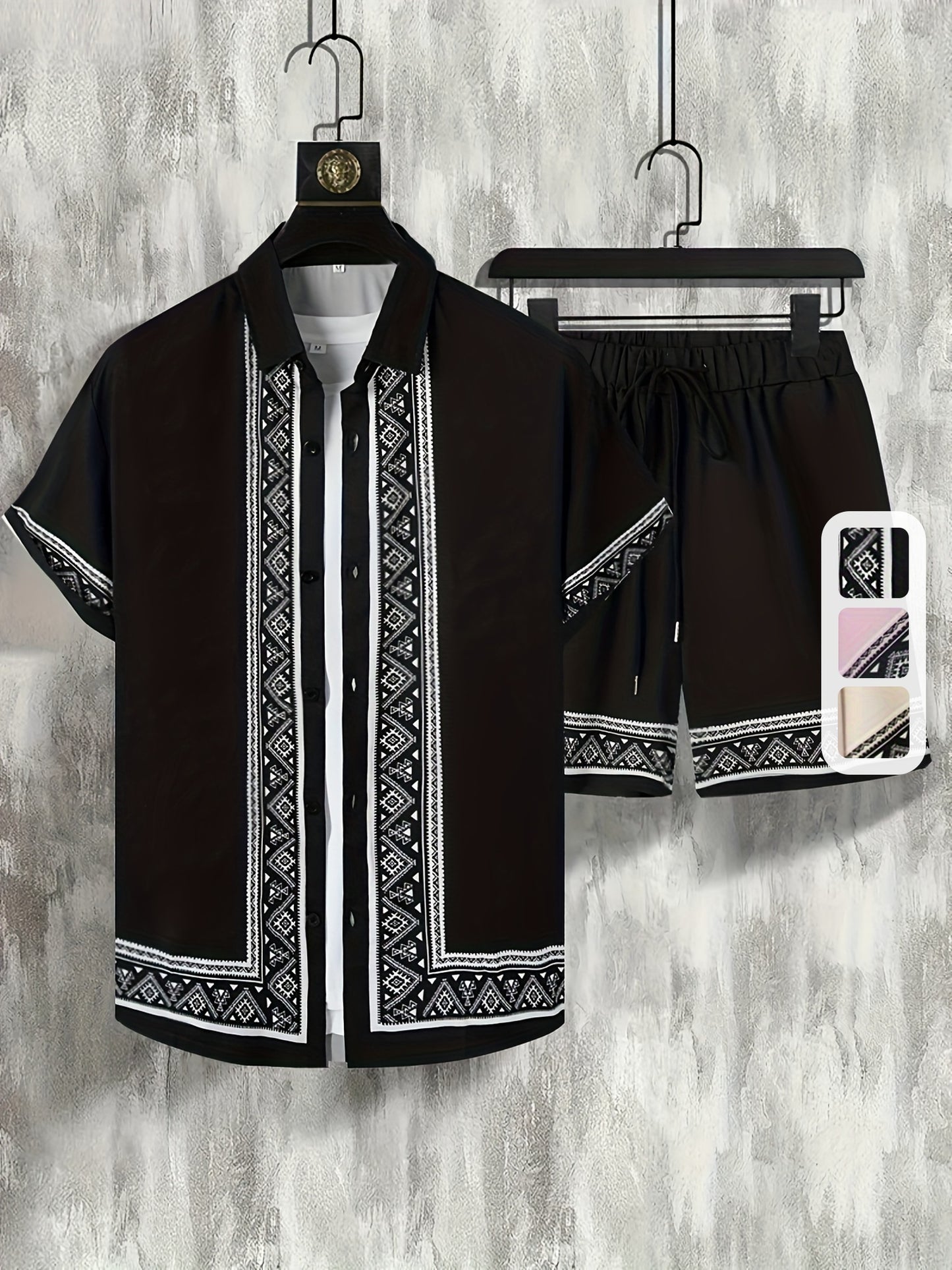 Men'S Two-Piece Set Consisting of a Casual Short-Sleeve Button-Up Shirt And Drawstring Pants, Perfect for Summer Wear.