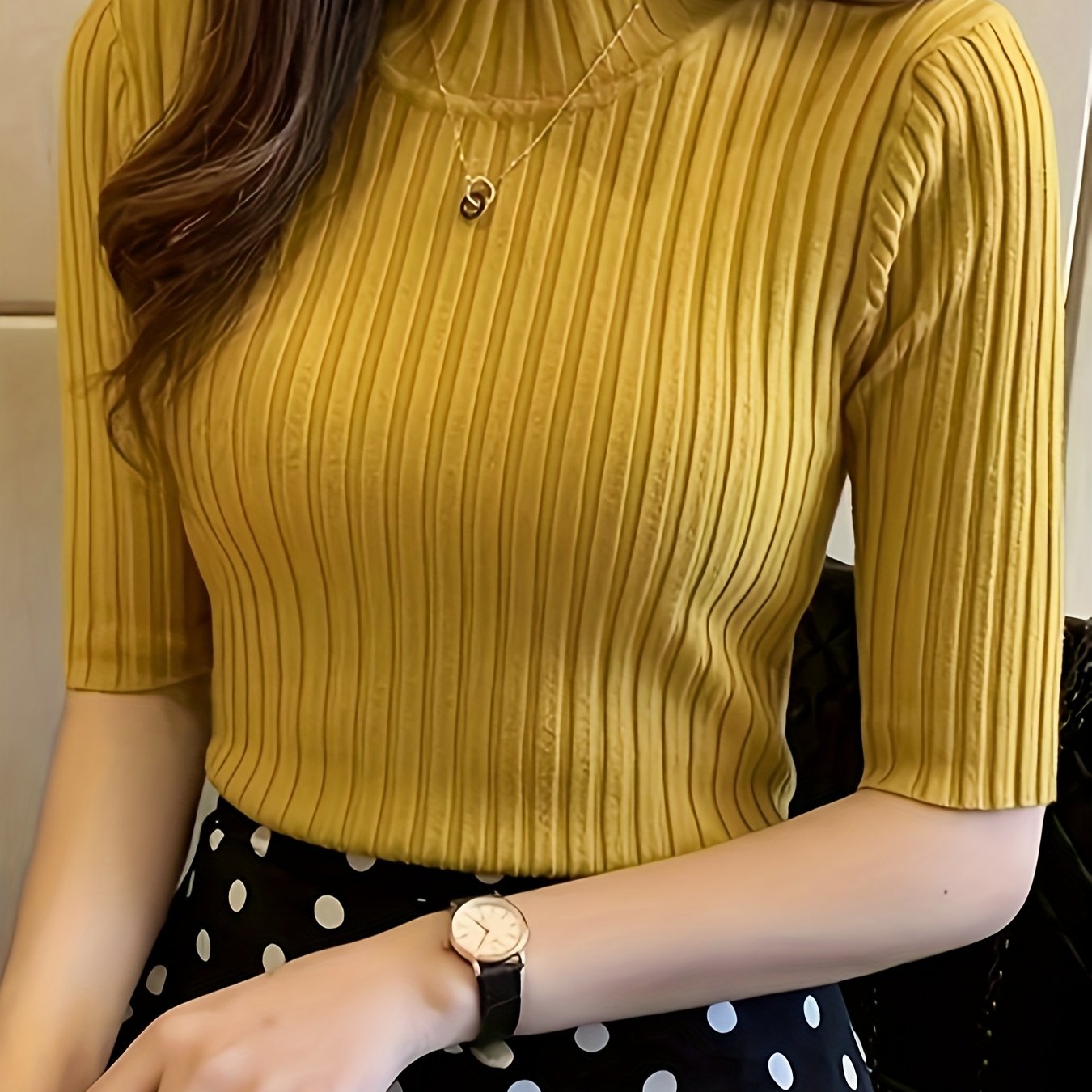 Women's Elegant Solid Color Ribbed Pullover Top - Short Sleeve Regular Fit Machine-Washable All-Season Versatile Blouse for Casual & Formal Wear