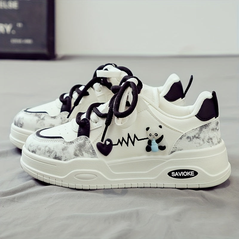 Women's White Mid-Top Sneakers with Bear Heart Stripes Design - PU Cover Upper, Thick Cushioned PVC Sole - Trendy Casual Shoes for All-Season Comfort