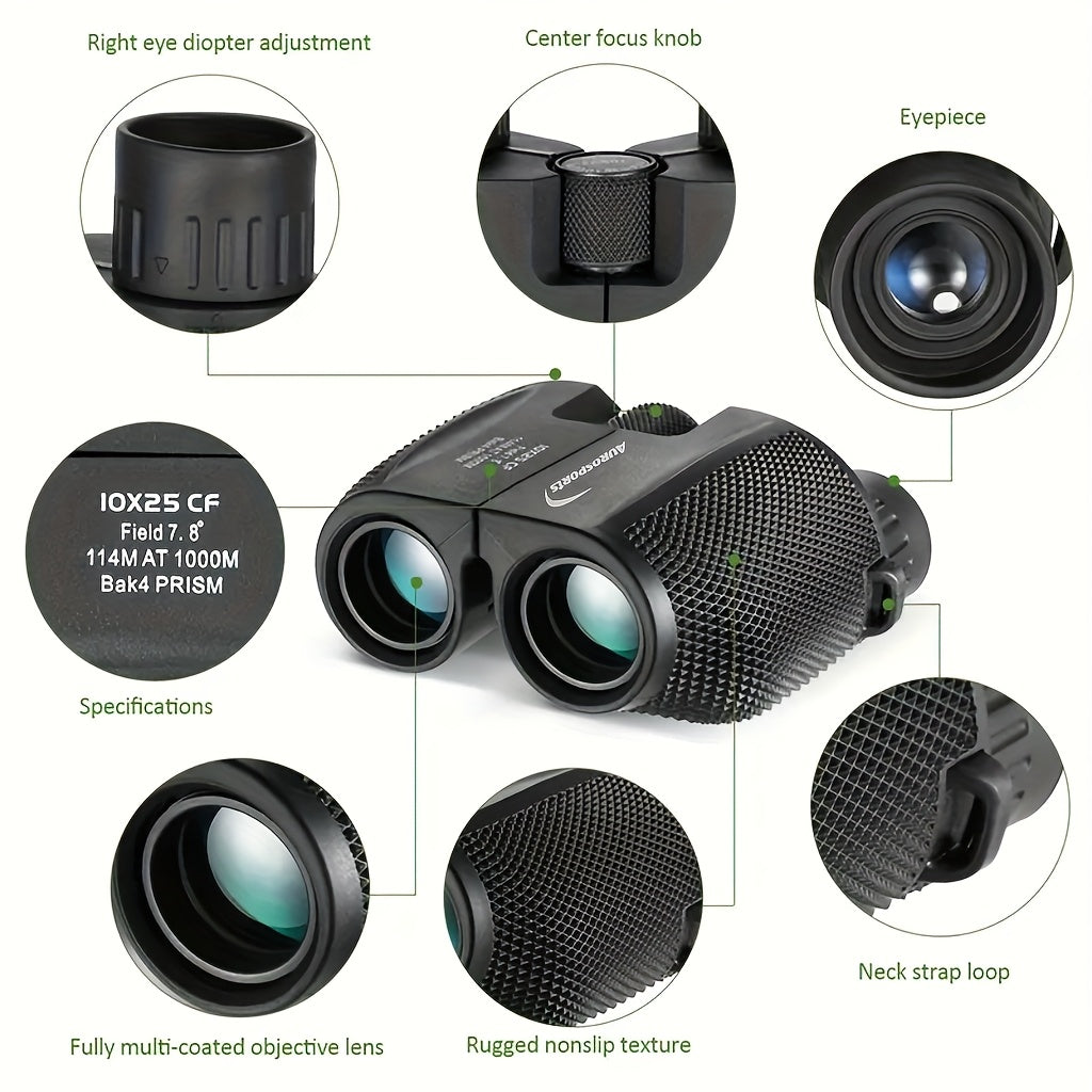 TD1025 Compact High-Quality Binoculars with 10x Magnification, 25mm Objective Lenses & Interchangeable Eyecups - Black Rubber Coated Optics for Bird Watching, Travel, Sports, Outdoor Observation, Binoculars for Bird Watching,