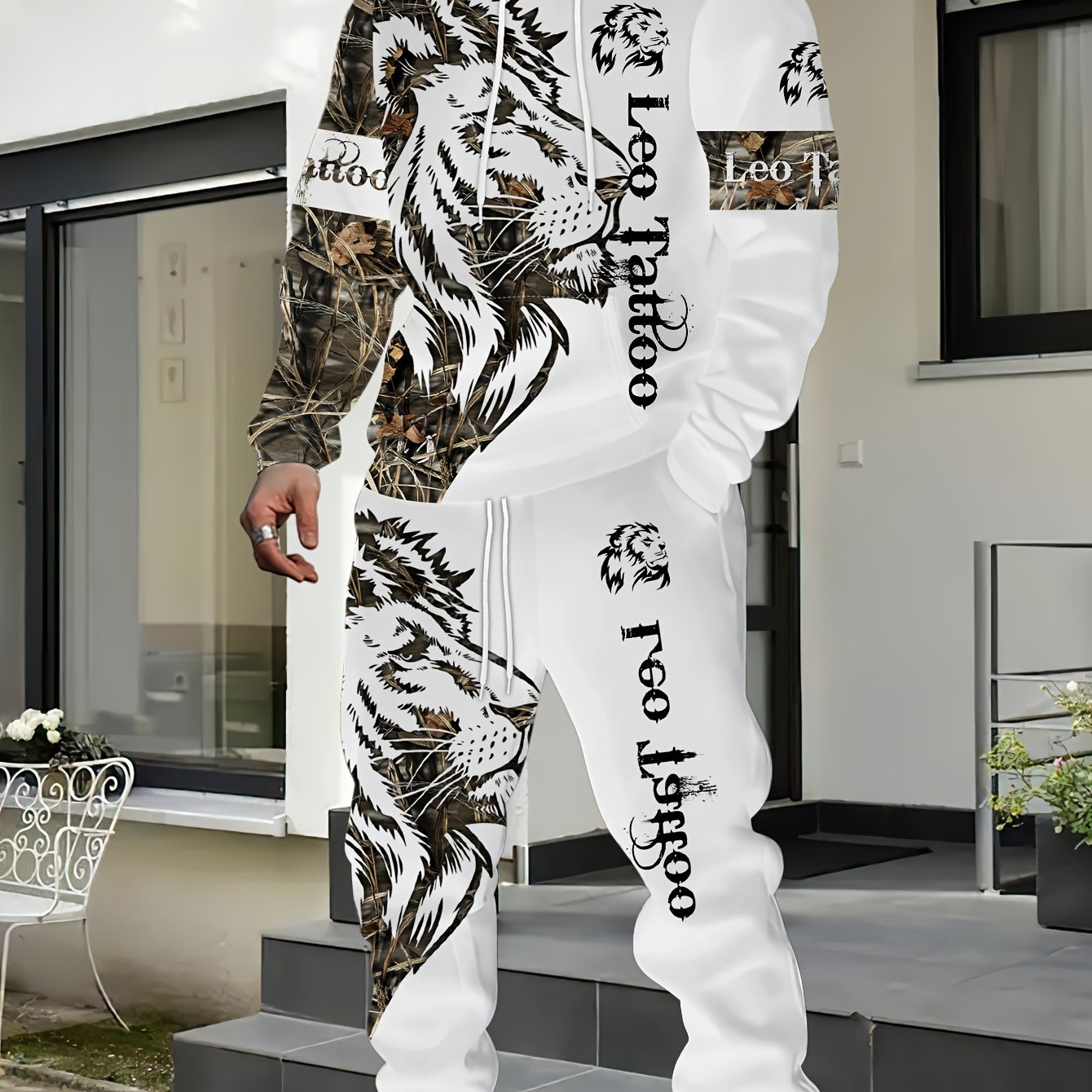 1set Fashion Street Style Men'S Lion Letter Print Hoodie and Sweatpants Set, Casual Weekend Wear, Polyester Knit Fabric with Slight Stretch, Animal Pattern, Regular Fit, for Spring/Fall