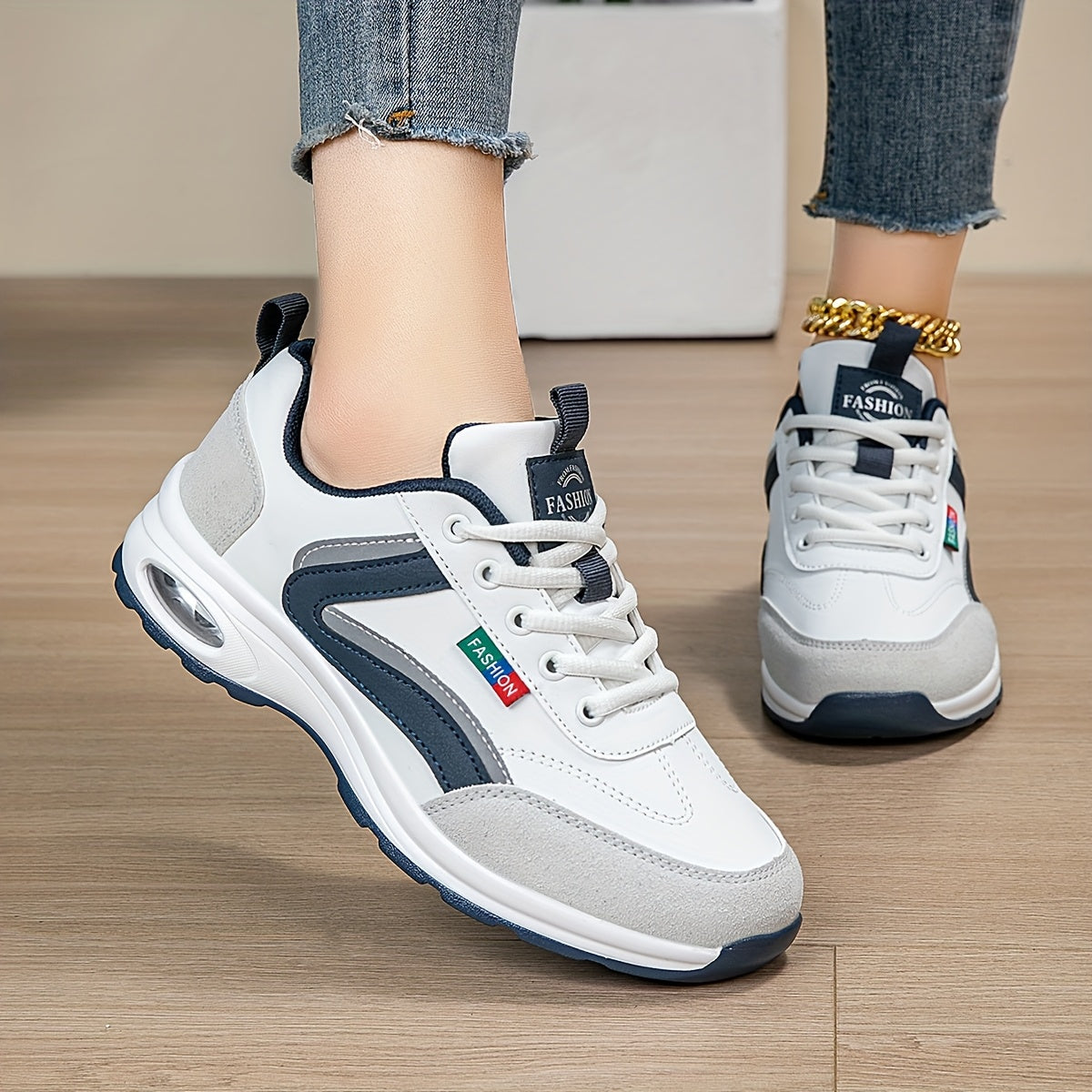 AOPLUS Women's Fashion Sneakers - Lightweight, Comfortable, and Breathable Low-Top Sneakers with Air Cushion Support, White Blue Design, PU Cover Upper, Fabric Lining, All-Season Wear