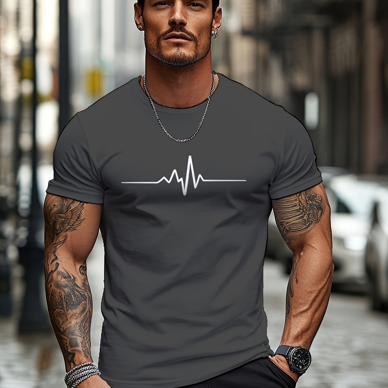 Men'S Brown T-Shirt with ECG Heartbeat Graphic - Casual Streetwear, Short Sleeve, Round Neck, Stretch Fabric, All-Season Comfort, Casual Streetwear Tee Round Neck Tshirt Comfortable Fit
