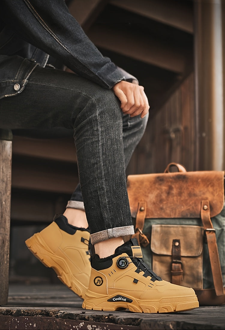 Men'S Winter Fleece-Lined High-Top Boots - Thick Rubber Sole, Warm Lace-Up Ankle Boots with Round Toe & Synthetic Synthetic Faux Upper for Hiking, Outdoor & Casual Wear, Hiking Boots, Durable Footwear, Winter Shoe For Men, Me