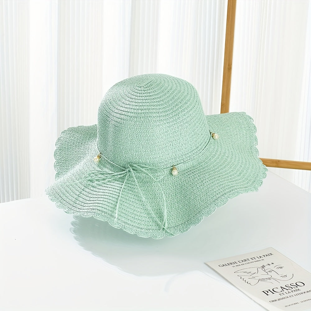 Women's Wide Brim Straw Sun Hat with Accents & Adjustable Ribbon - Protection Lace Trim Beach Wedding Casual Outdoor Hat for All Seasons