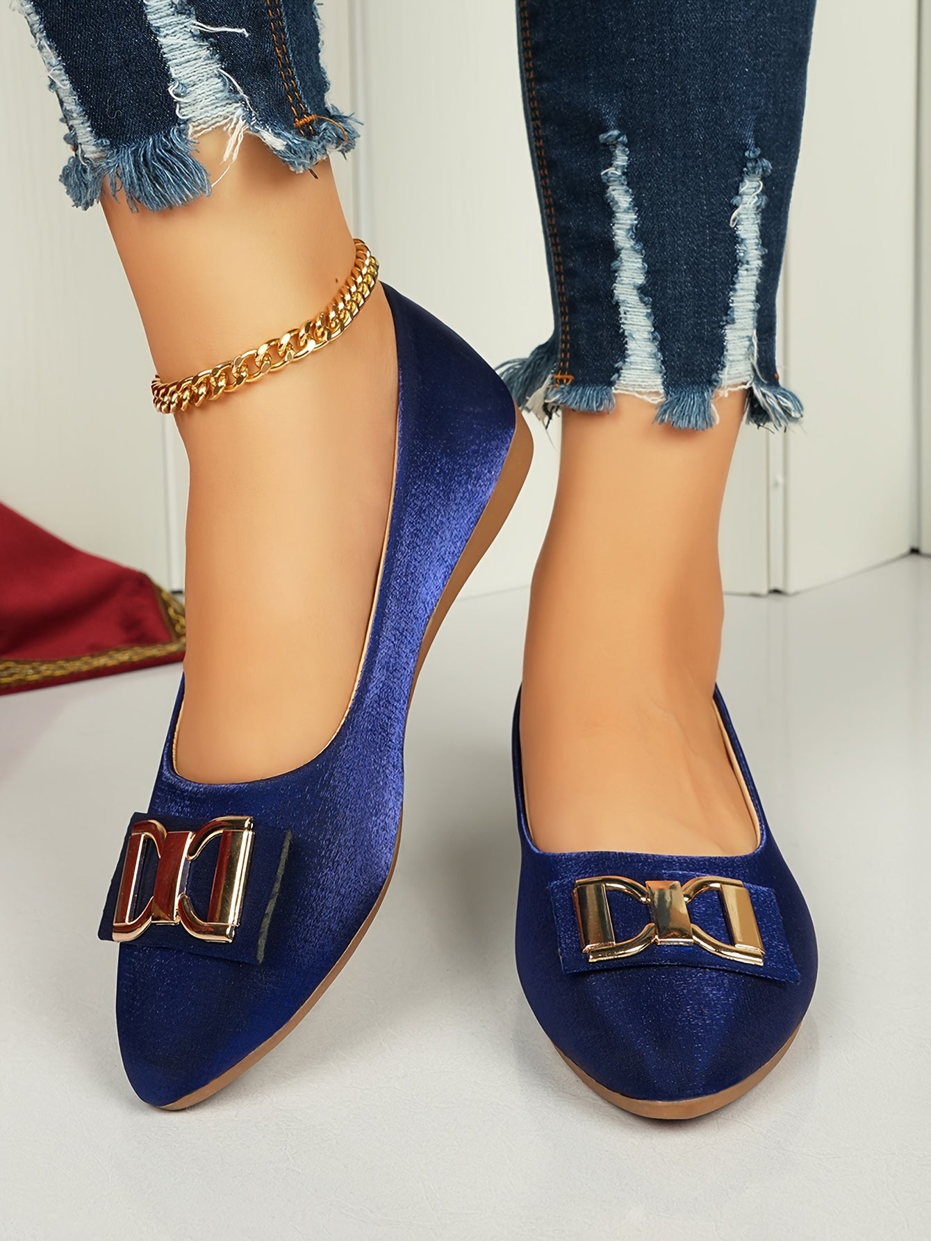 Women's Elegant Red Slip-On Flats with Golden Double Buckle Design - Comfortable Faux Cover Shoes for All Seasons, Pointed Toe Rubber Sole, Perfect for Casual or Dressy Occasions, Dressy Flats Buckle Embellished Shoes Lux