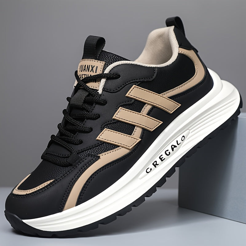 1 Pair of Men's Casual Sneakers, Comfortable Slip-Resistant, Black Beige Low-Top Shoes for Casual Attire, Trendy Street Style with Fabric Lining and Durable PVC Sole