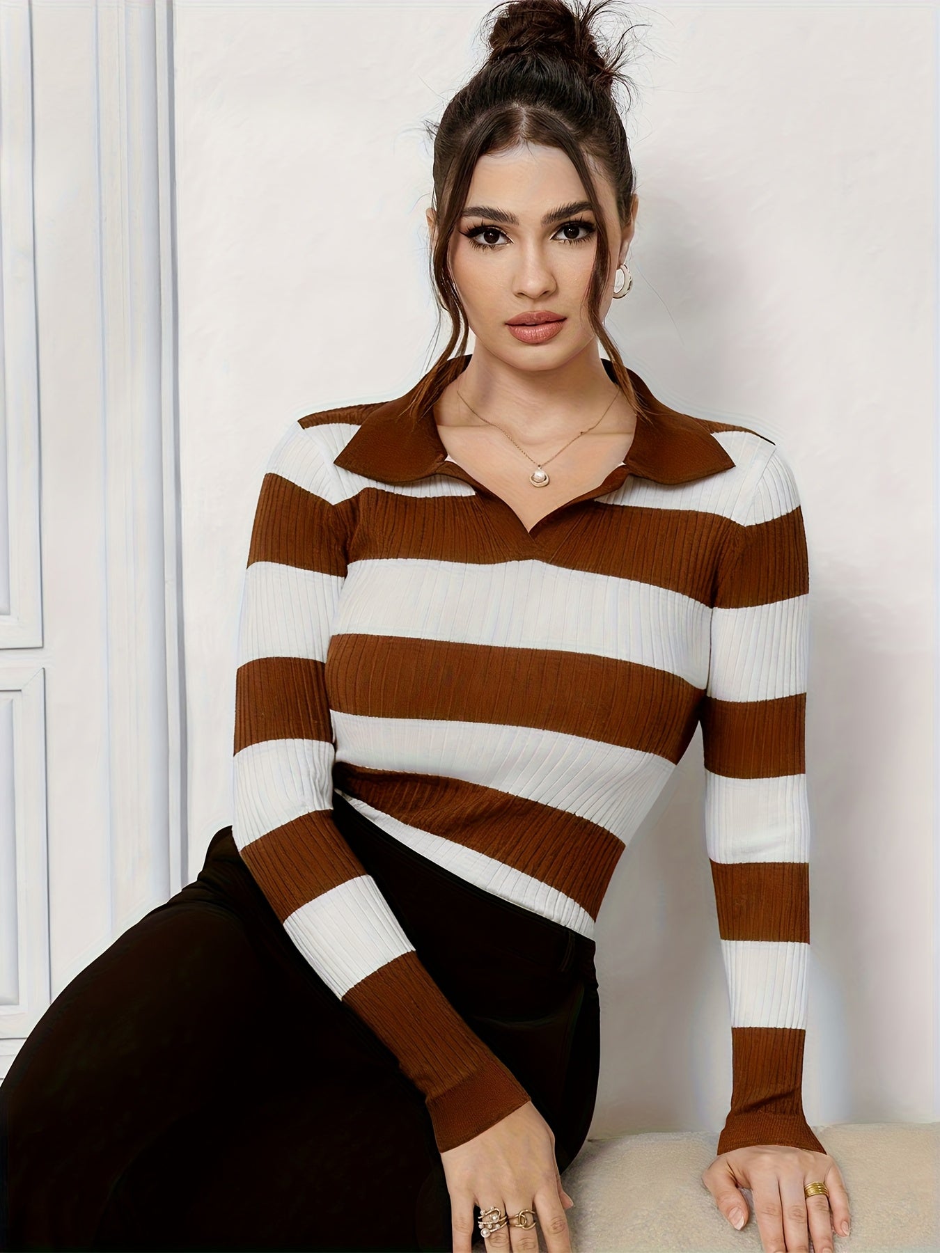 Elegant Color Block Striped Pullover Sweater with Lapel Collar