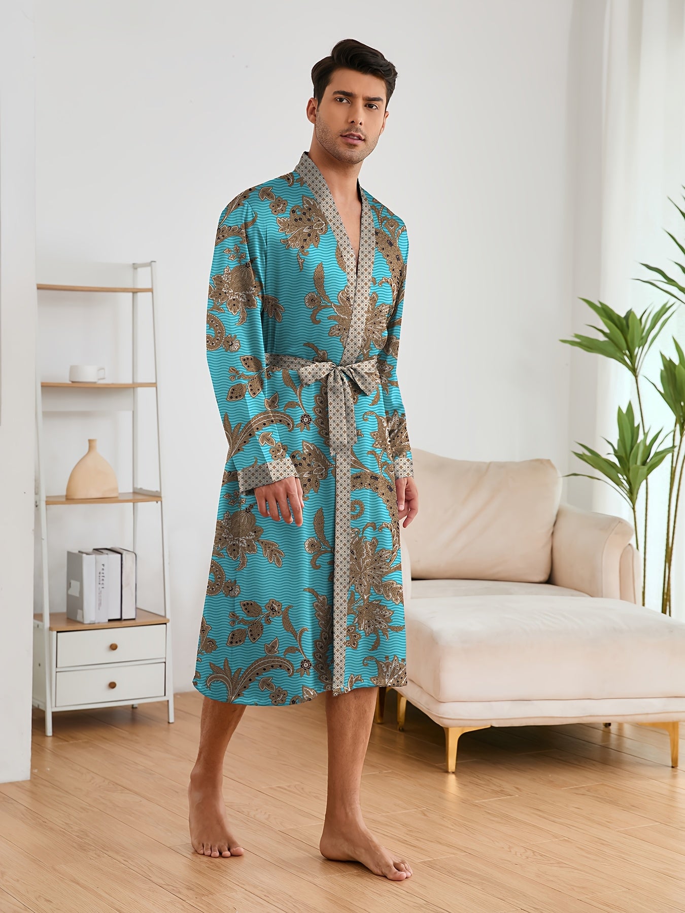 Men's Sleep Robe, Elegant And Light Luxury Pajamas Set, Stylish Gorgeous Floral Print, V-neck Long Sleeve Sleep Robe And Shorts, Sleep Wear Robe Set For Home Wear