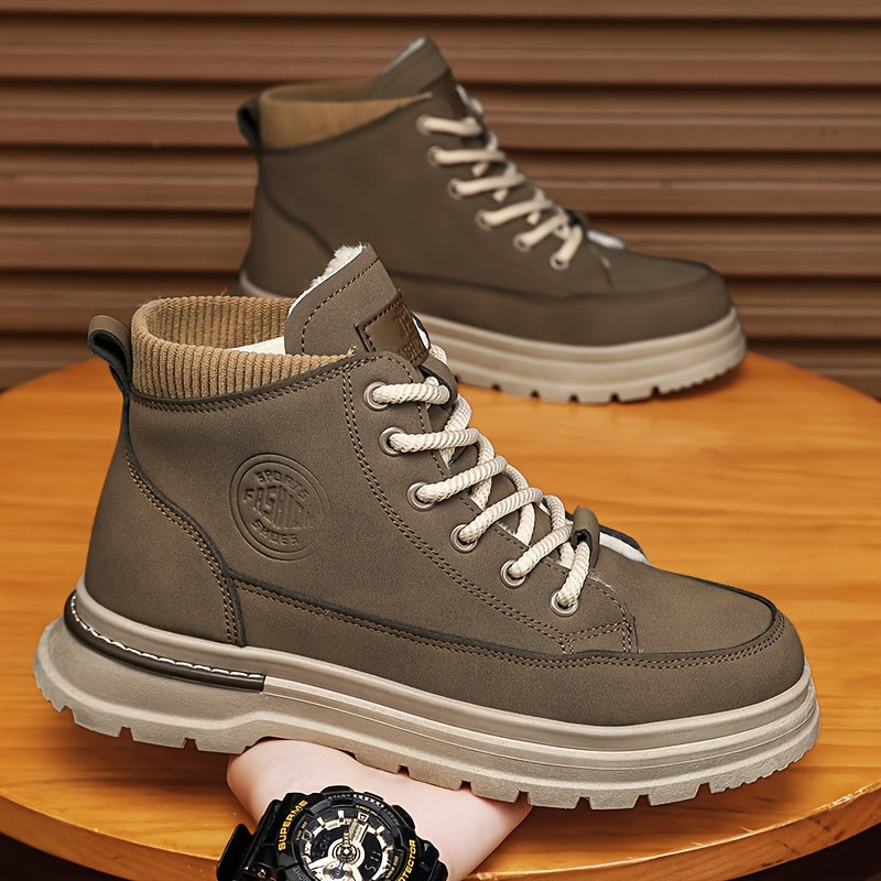 Men's Winter Snow Boots with -Like Collar & Thick Ankle - Upper, PVC Traction Tread, Lace-Up Ankle-High Trekking Boots for Ice, Snow, Hiking, - Warm Outdoor & Casual