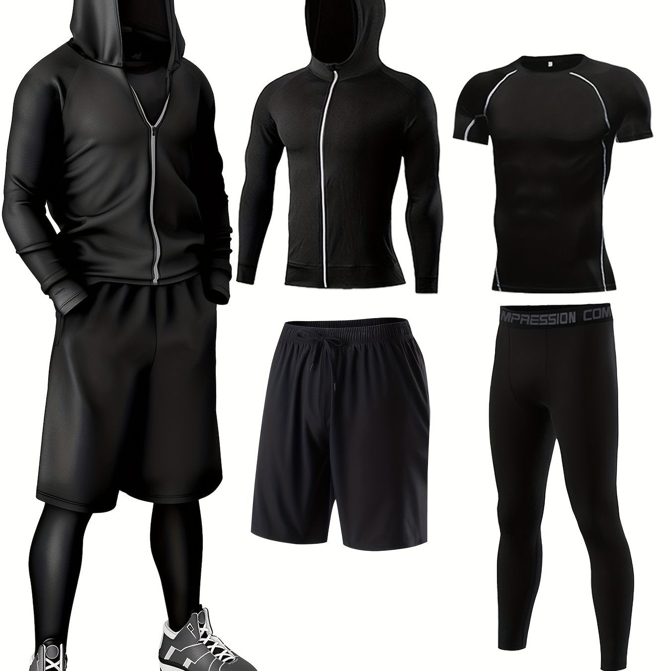 4pcs Athletic Sportswear Set, Polyester 95% Elastane 5% Knit Fabric, All-Season Crew Neck Hoodie, Skinny Fit Solid Color, Breathable Quick-Dry for Running, Fitness, Cycling & Outdoor Activities