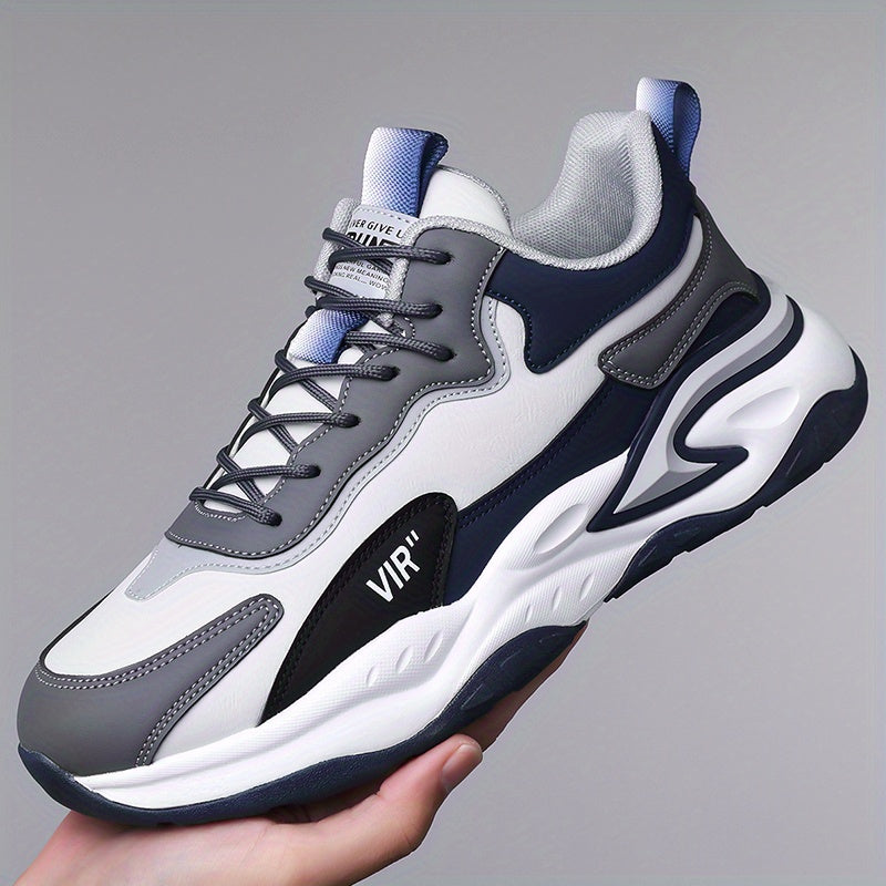 Men's Stylish Color-Block Sneakers - Black Gray with White Accents, Comfortable All-Day Wear, Durable Rubber Sole, Lace-Up Design, Trendy Low-Top Style for Casual or Athletic Use, Casual Sneakers Fashion Sneakers Pu Mat