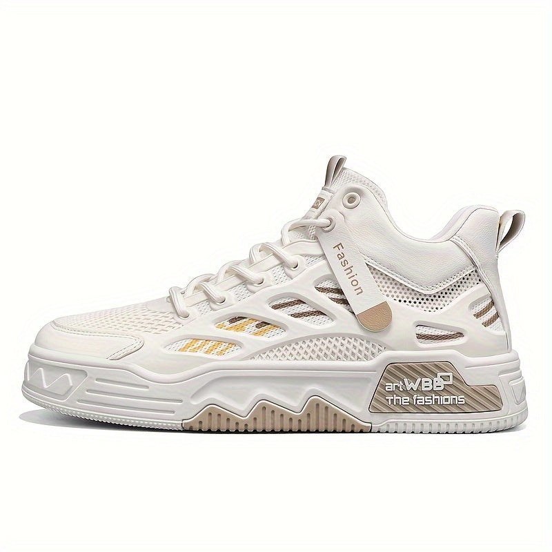 Men's High Top Fashion Sneakers Graphic Print Lace-Up Casual Skateboard Shoes with Round Toe, PU Mesh Upper, Fabric Lining, and Rubber Sole