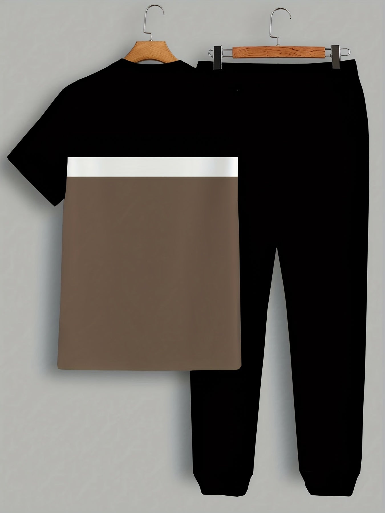 Men'S Polyester Sportswear | Elegant Casual Crew Neck | Slightly Stretchy Knit with Striped 3D Print | Regular Fit Two-Piece Set | Patterned Short Sleeve T-Shirt and Long Pants