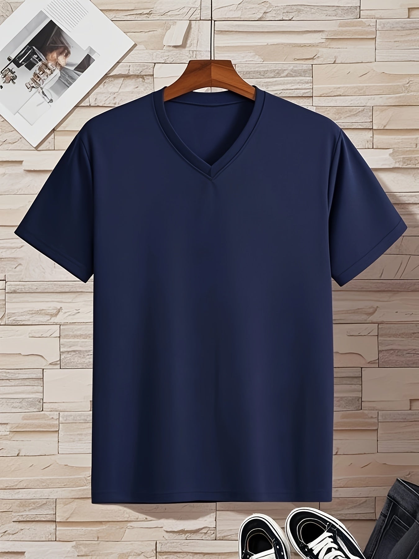 Men'S V-Neck Short Sleeve T-Shirt - Lightweight Breathable, Casual Fit, Solid Black, Perfect for Summer, High-Quality Knit Fabric, Everyday Tshirt Casual Style Comfortable Fit