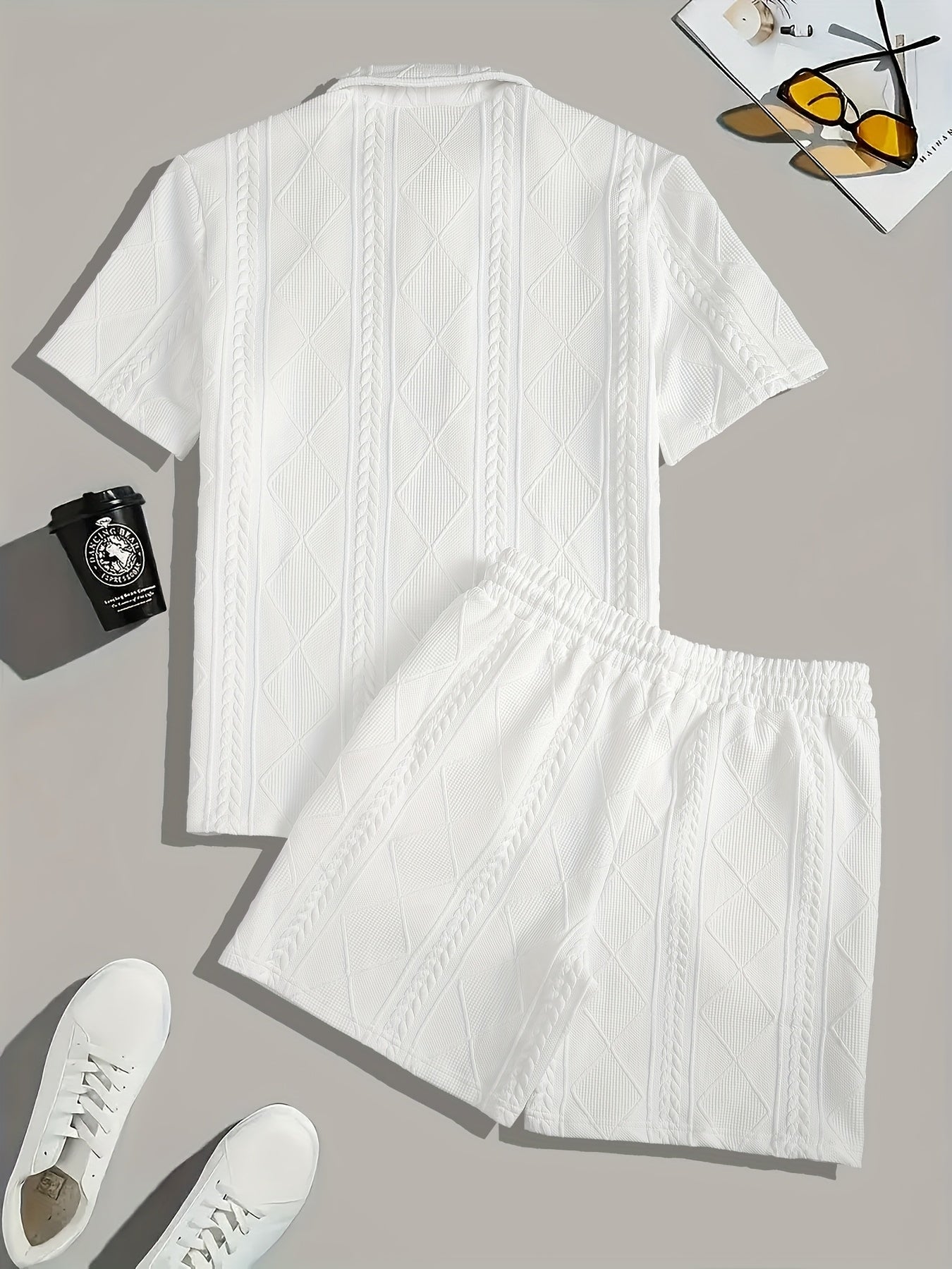 Men's Suit Short Sleeve Shorts Jacquard Casual Zipper Fashion Summer Outerwear Two Piece Set