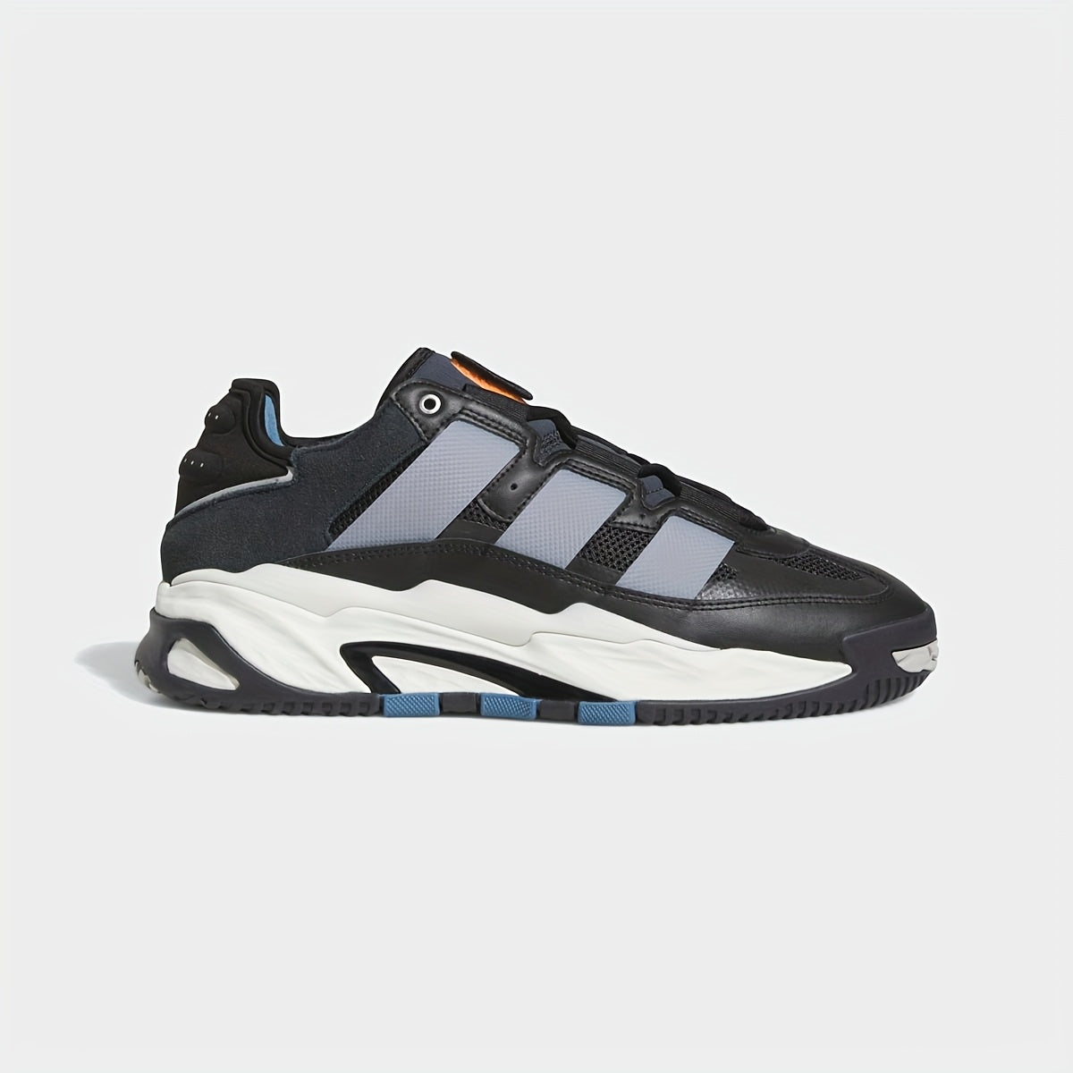 Adidas Niteball Low-Top Sneakers for Men Women - Striped Casual Shoes with Genuine Leather Upper, Breathable Fabric Lining Rubber Sole, Black/Blue/Orange Accents (FZ5742), Athletic Footwear, Modern Triptych Design, Durabl