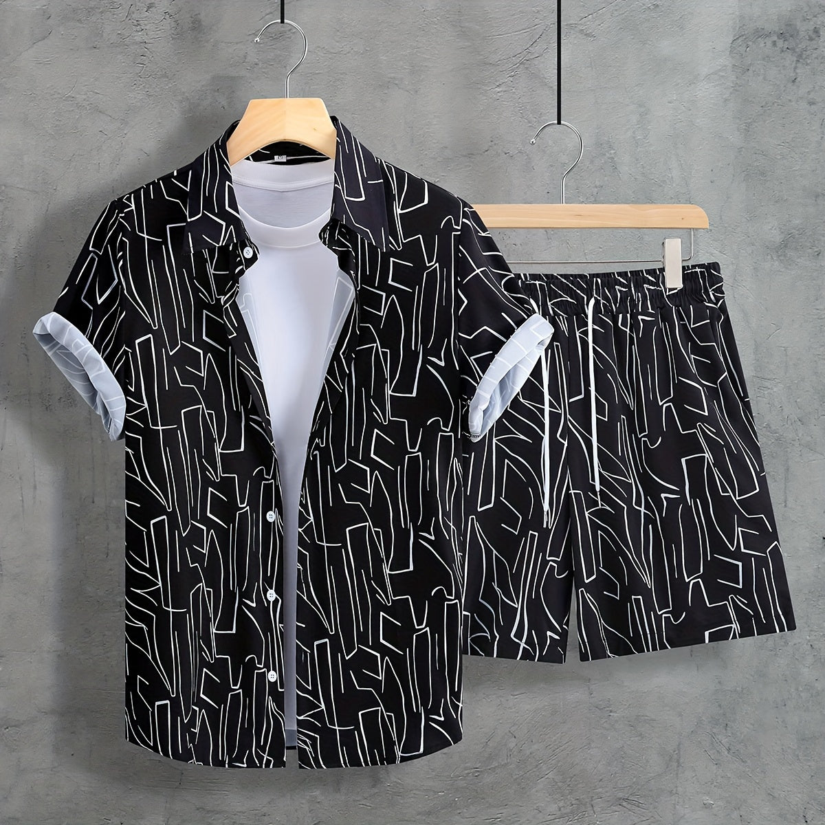 Men'S Summer Casual Short Sleeve Shirt and Shorts Set, Geometric Pattern, Square Neck, Regular Fit, 100% Polyester, Woven Fabric, 120g/m² - Black