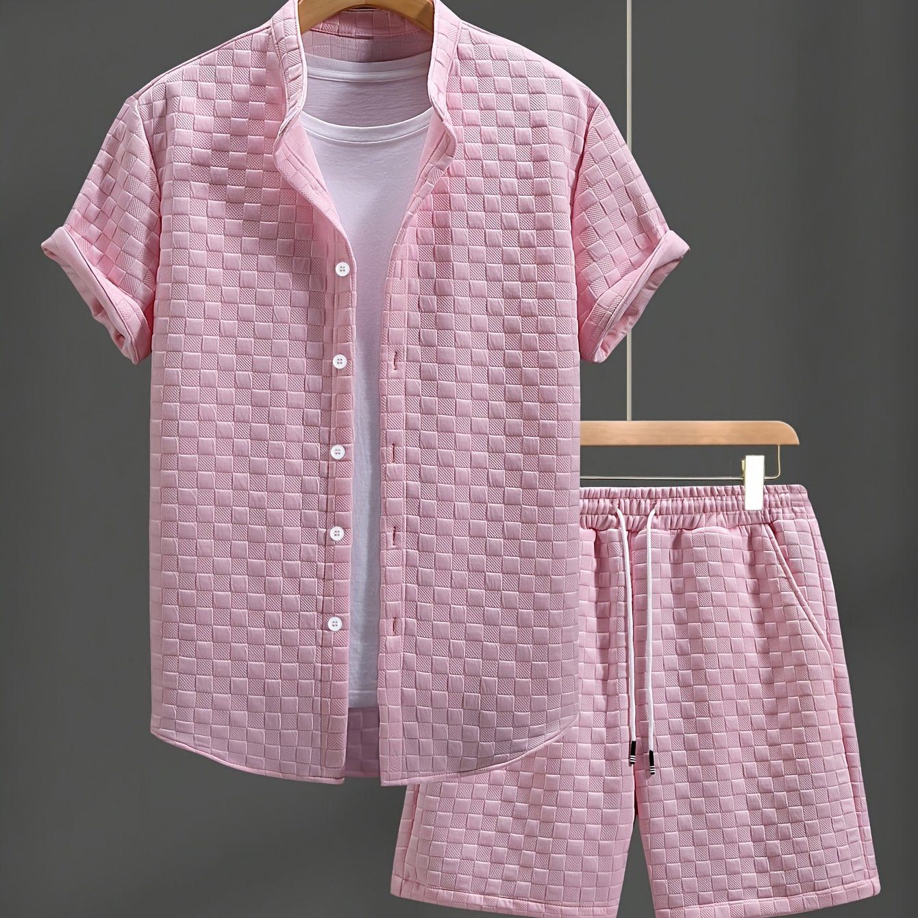 Men'S Casual Summer Short Sleeve Shirt & Shorts Set - Light Blue, Button-Up, Polyester, Perfect for Casual Attire, Parties, and Outdoor Activities, Casual Summer Wear|Short Sleeve Shirt|Polyester Fabri