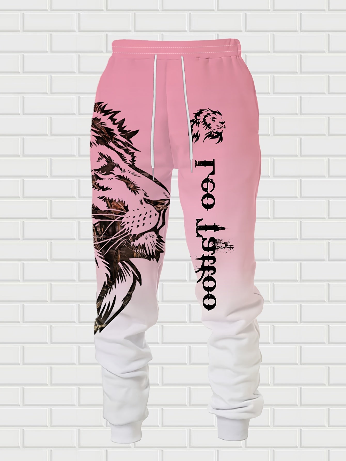 1set Fashion Street Style Men'S Lion Letter Print Hoodie and Sweatpants Set, Casual Weekend Wear, Polyester Knit Fabric with Slight Stretch, Animal Pattern, Regular Fit, for Spring/Fall