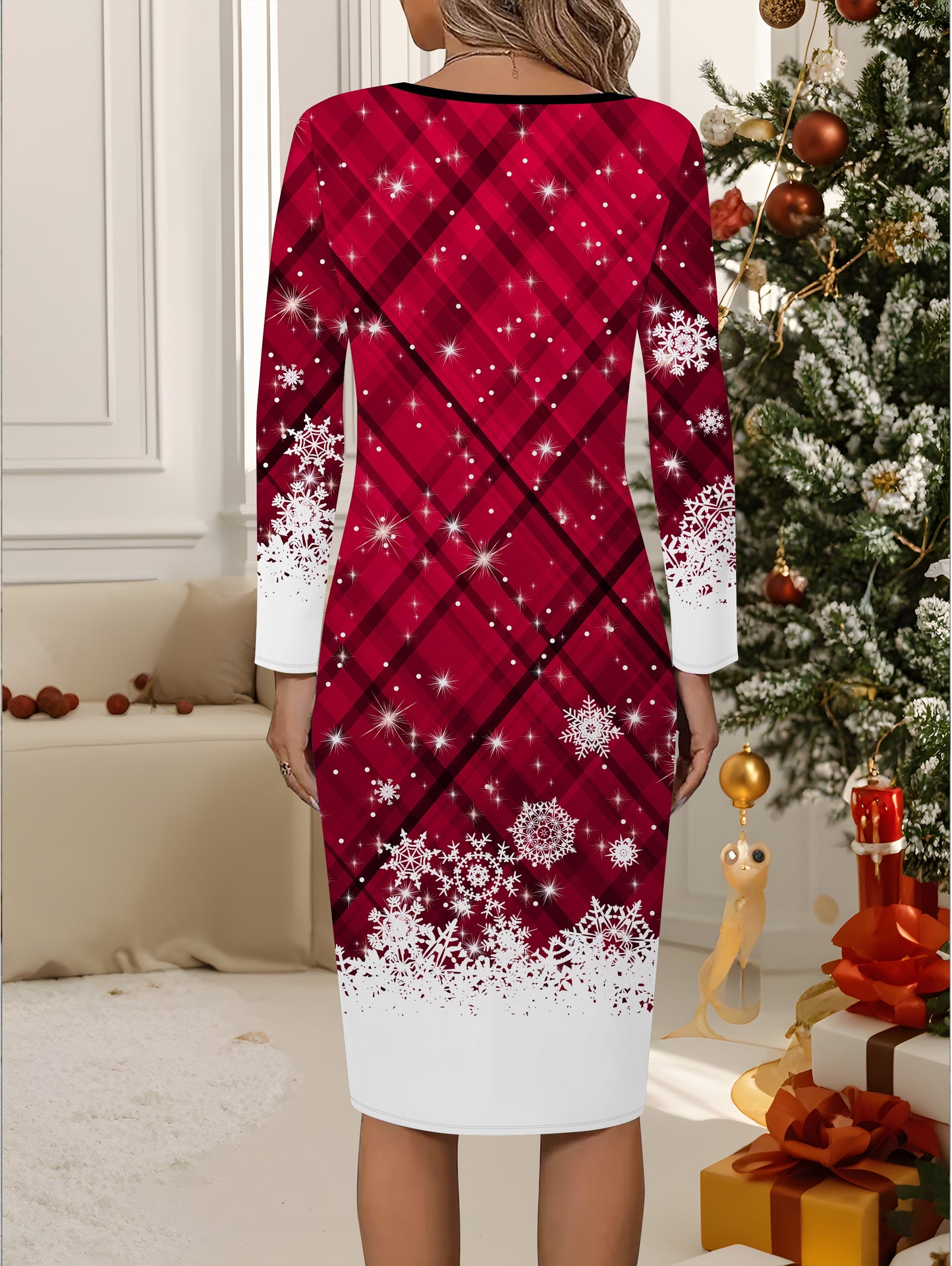 Women's Red & White Plaid Christmas Dress with 3D Snowflake Print - Long Sleeve A-Line Party Dress, Short Jacket-like Top, Machine Washable Winter Outfit for Holiday Parties, New Year's & Casual Wear (No Dryer)