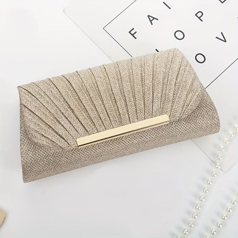 Elegant Evening Clutch With Fashionable Pleats, A Golden Embellished Clutch Wallet For The Dance Party, A Ladies' Chain Clutch