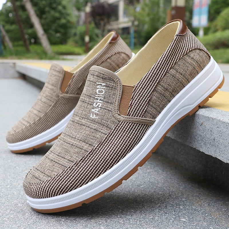 Men'S Casual Slip-On Loafers - Lightweight Breathable Fabric Upper, White Rubber Sole, Brown Accents, Comfortable for Outdoor Walking Casual Attire, Summer Footwear, Stylish Slipons, Durable Traction Footwear