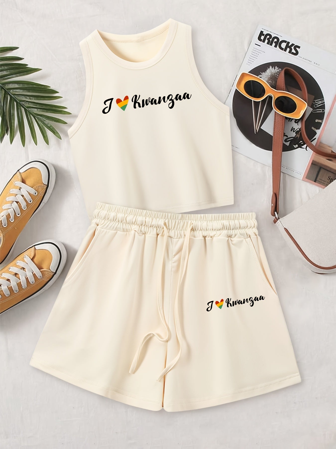 Women's Casual Two-Piece Vest and Shorts Set with Drawstring