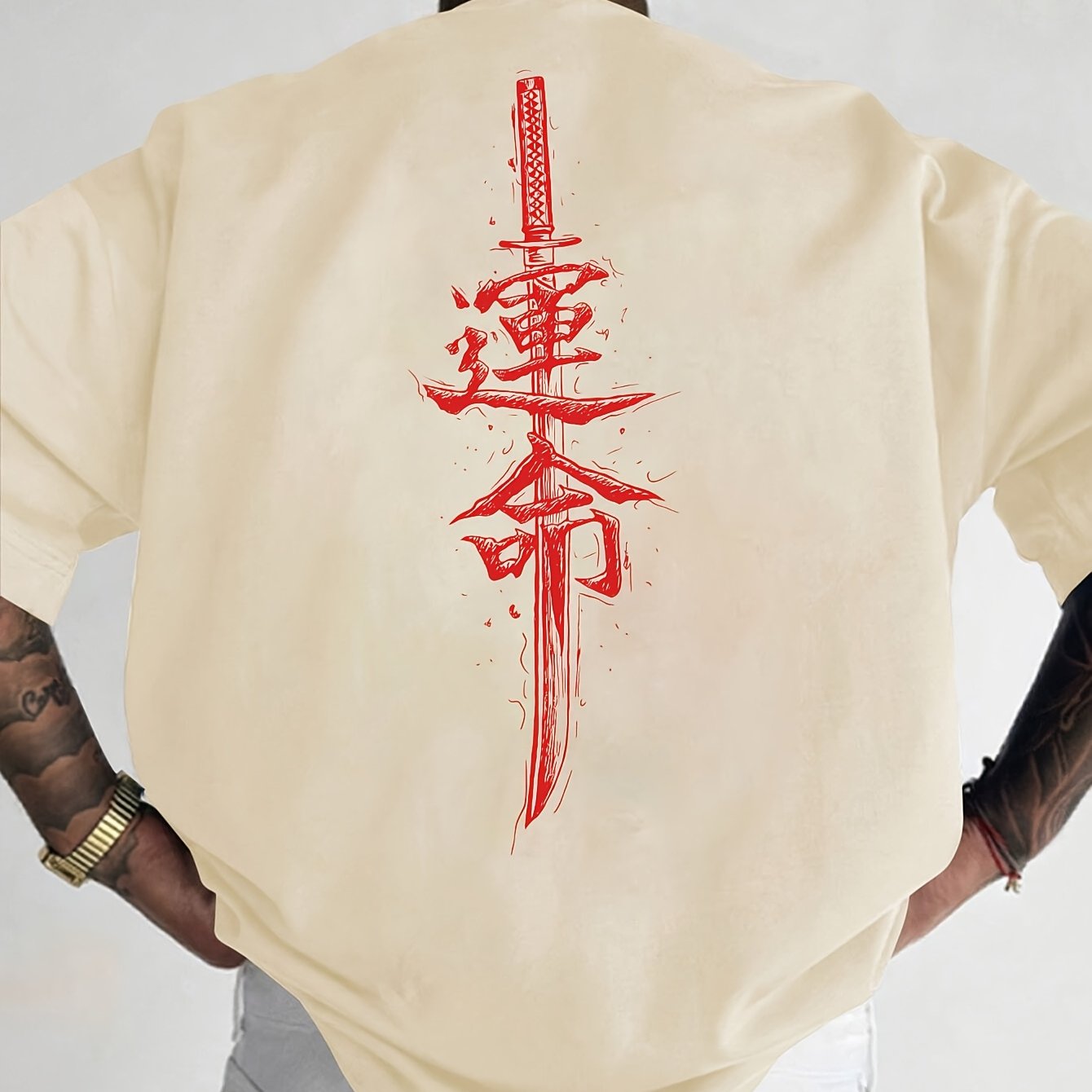 Men'S Japanese Samurai Sword Graphic T-Shirt - Casual Loose Fit Crew Neck, Short Sleeve Tee with Red Stylized Japanese Katanas Design, Breathable Polyester for Spring Summer Outdoor Wear