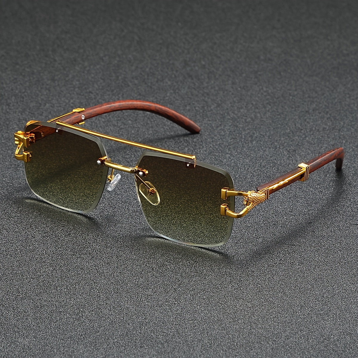 A Pair of Frameless, Beveled-Edge, Square Double-Beam Glasses, New Trendy Leopard-Print Fashion, Faux Wood Grain, Versatile for Men And Women, for Taking Photos.