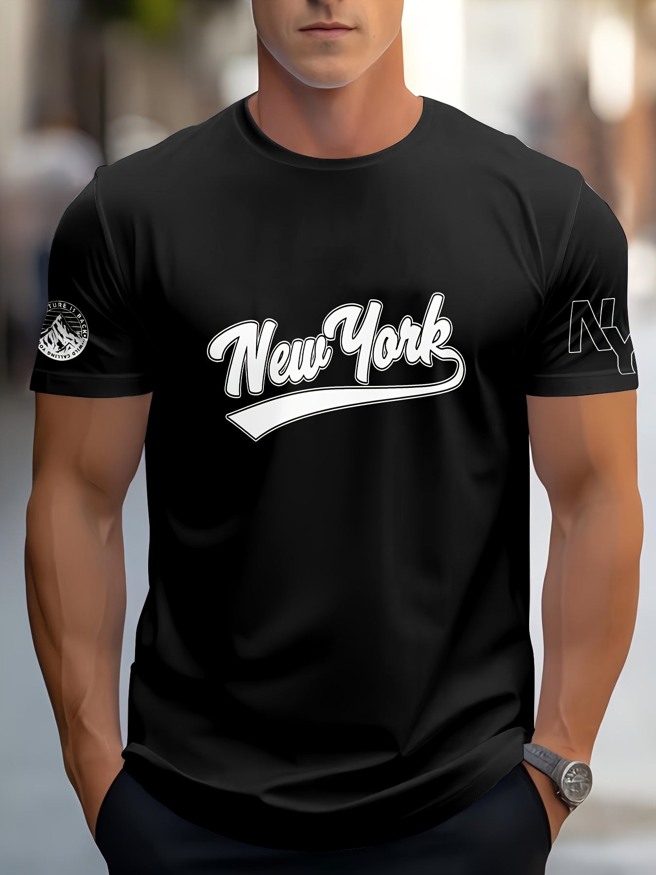 1pc Men's Summer Breathable Quick-Dry T-Shirt - 100% Polyester Moisture-Wicking, Casual Short Sleeve Round Neck Tee with New York Graphic Print for Outdoor Sports Casual Attire