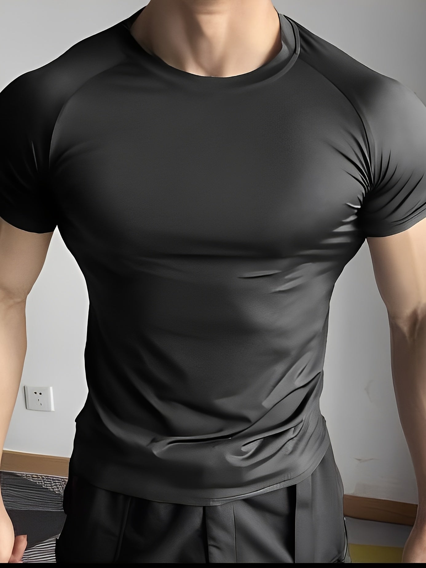 Men's Quick-Dry Athletic T-Shirt - Stretchy, Breathable Polyester, Short Sleeve, Round Neck, Black, Gym Running Workout Essential, Sports Clothing Sleek Athletic Tee Breathable Fabric, Workout Clothes