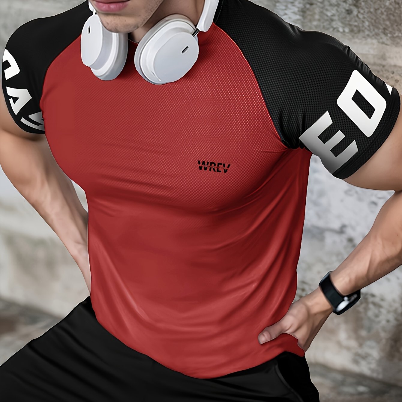 Men's Quick-Dry Breathable Mesh Sports T-Shirt - Summer Gym Workout Top with Contrast Black White Sleeves for Man Letter Print, Slim Fit for Running Training Casual Wear, Breathable Running Gear Sporty Casual Tee Mesh