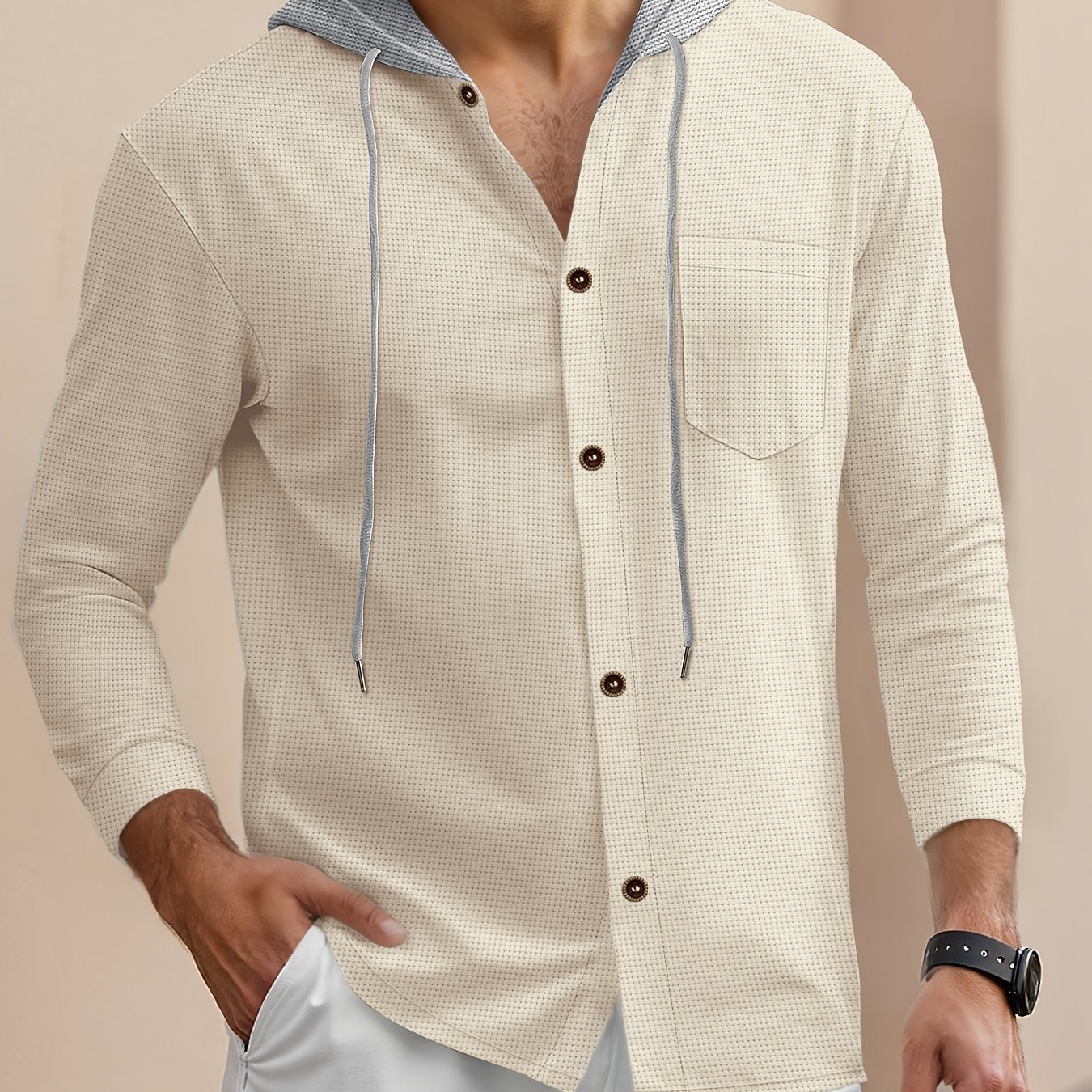 Men'S Lightweight Hooded Cardigan - Long Sleeve Sweater Jacket, Button-Front Closure, Light Grey Casual Outerwear for Office, Casual Attire - Breathable Fall/Spring Layering Essential, Sweater Cardigan, Waffle Texture, Durabl