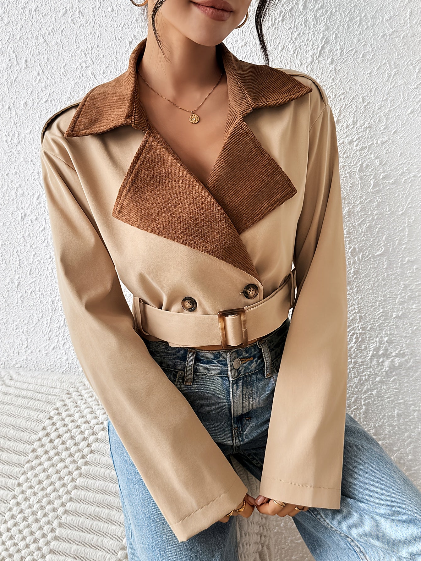 Women'S Casual Double-Breasted Trench Coat - Loose Fit, Long Sleeve, Beige & Brown Patchwork Design, Button-Up Front, Lightweight Fabric for Spring/Fall, Spring Outerwear | Relaxed Fit Coat | Structured Design