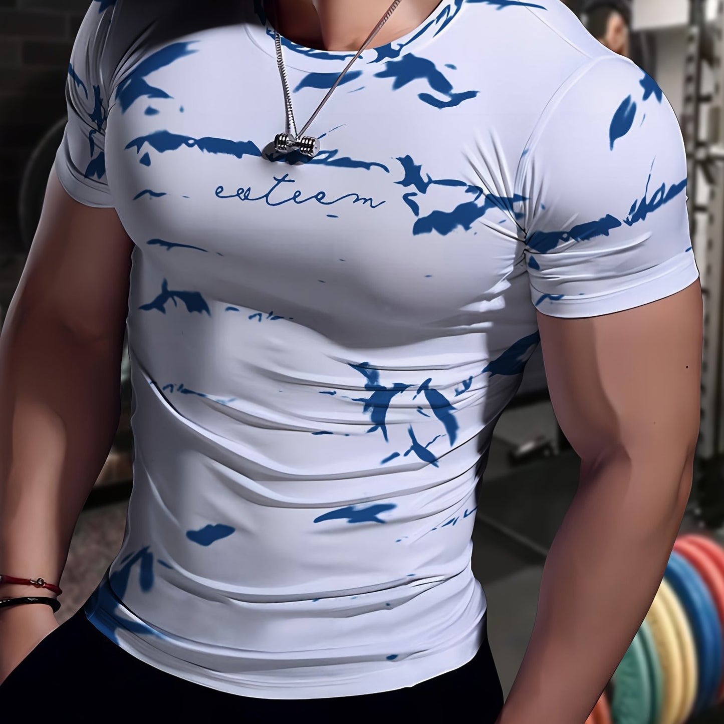Men's High-Elasticity Anti-Tear Graffiti T-Shirt - Black White Geometric Print, Tight-Fit Athletic Top for Gym, Running, Yoga Casual Summer Wear, Gym Clothes, Highelastic Polyester, Short Sleeve Design
