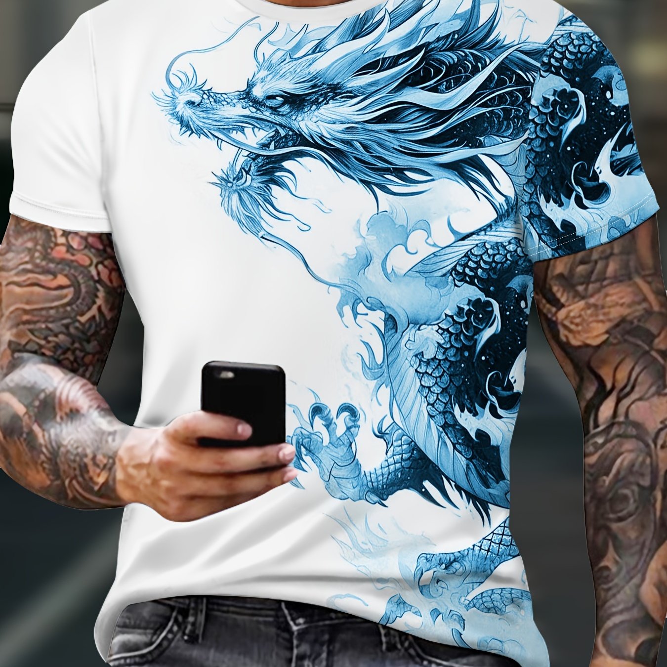 Men's Bold Dragon Graphic Tee - Short Sleeve, Crew Neck, Polyester Blend - Perfect for Summer Outings Casual Wear