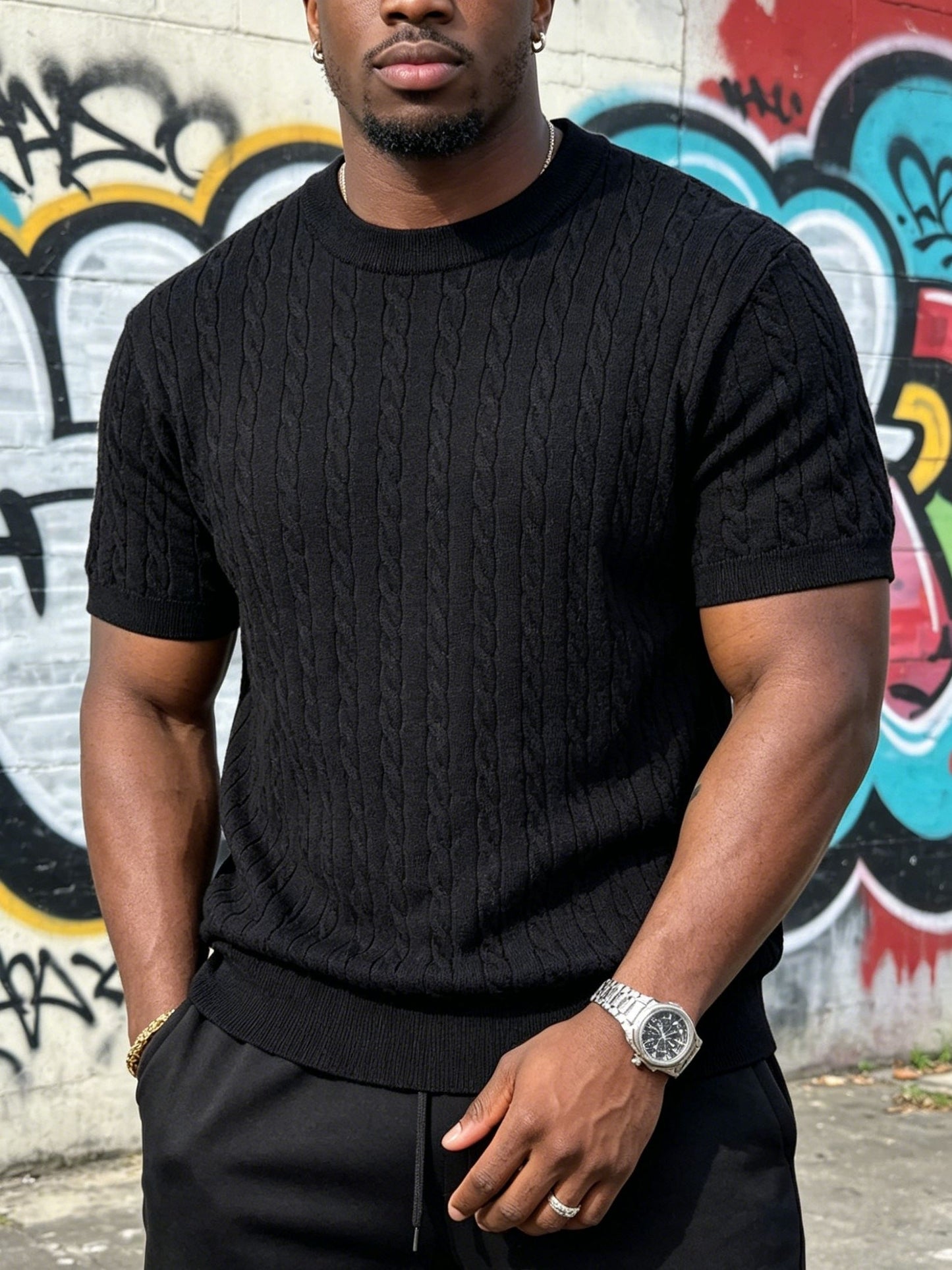 Men's Classic Cable Knit Crew Neck T-Shirt for Summer