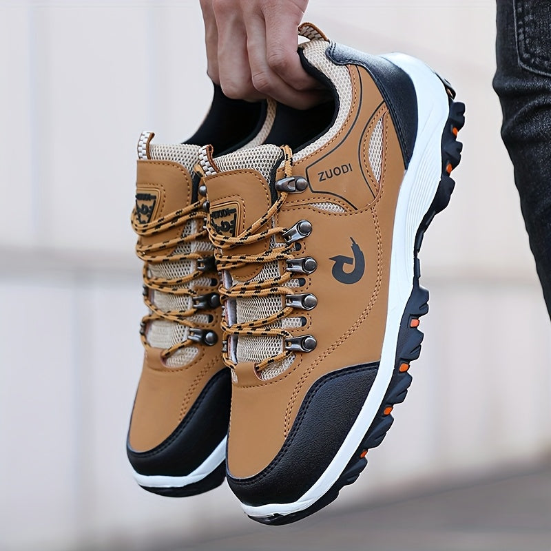 Men's Low-Top Lace-Up Outdoor Hiking Shoes, Durable Non-Slip Rubber Sole All-Season Sports Footwear with Plain Toe, PU Upper, Fabric Inner & Insole for Camping, Climbing - Black with Orange Accents, Allseason Sports Shoes | C