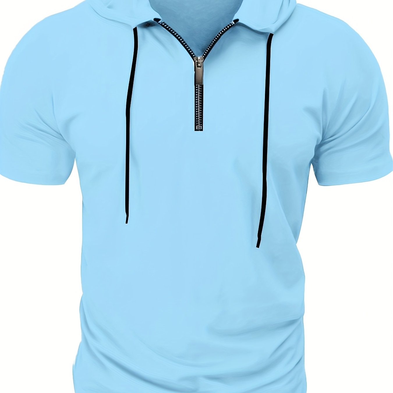 1pc Men's Light Blue Casual Hooded Short Sleeve T-Shirt with 1/4 Zipper, Breathable Stretch Fabric for Gym, Outdoor Summer Wear, Gym Apparel, Stylish Contrast Detailing, Comfortable Fit