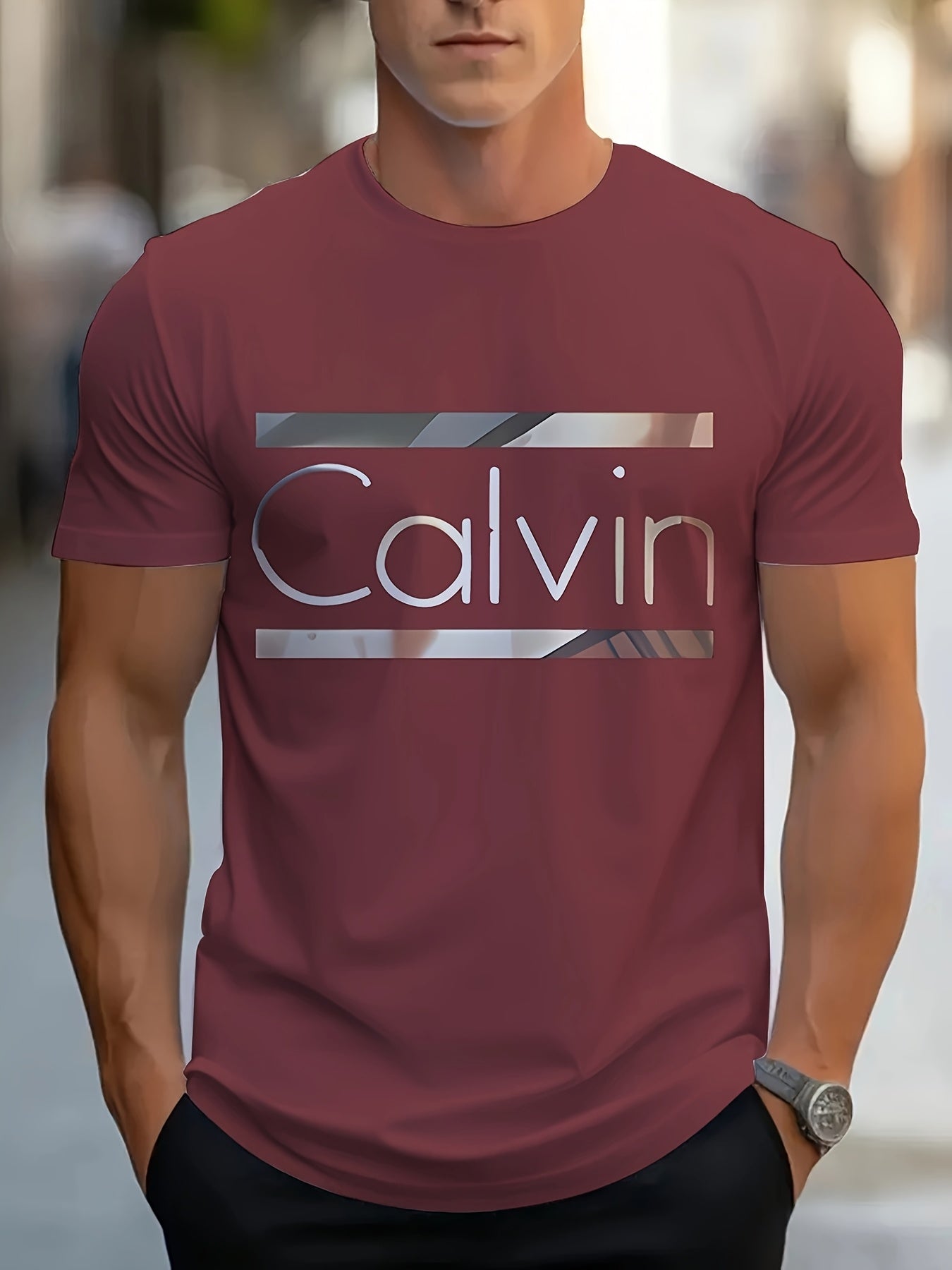Men'S "Calvin" Graphic T-Shirt - Casual 3D Print Letter Tee with Geometric Design, Short Sleeve, Round Neck, Light Blue, Perfect for Summer, Everyday Sportswear, Casual Wear Tee Modern Casualwear Comfortable Fit