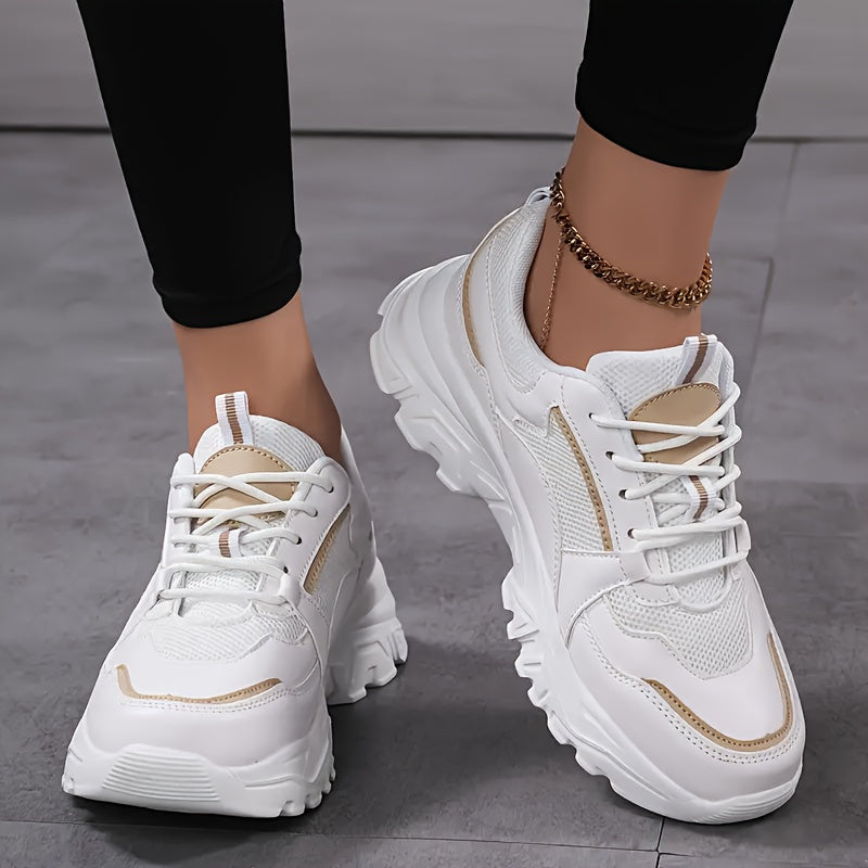 Women's Breathable Mesh Chunky Sneakers - Lightweight Casual Dad Shoes with Soft EVA Sole, White Golden Accents, Black Golden Design, Perfect for Running, Travel Casual Attire