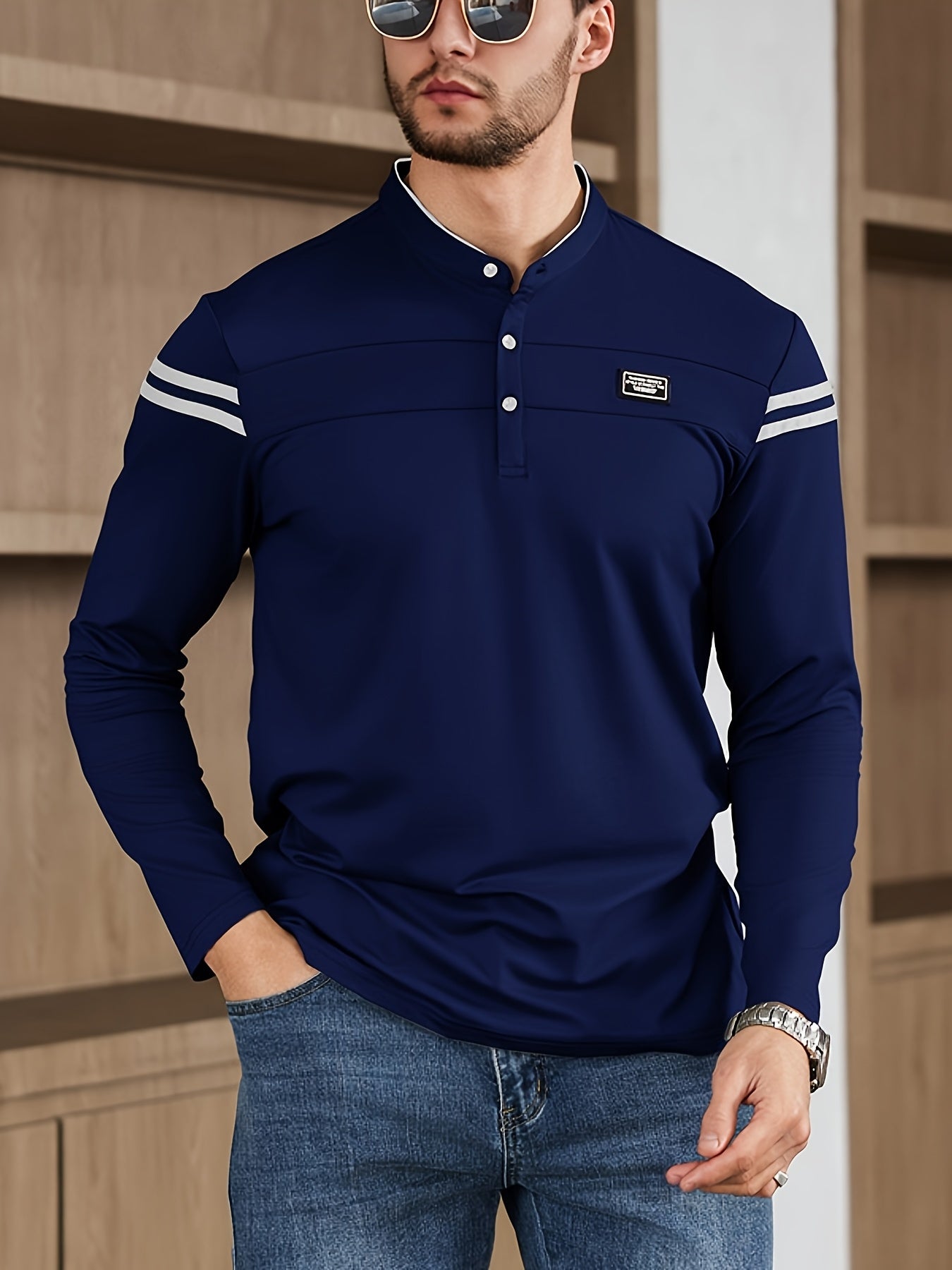 Men'S Casual Long Sleeve T-Shirt - Solid Color with Stand Collar Stripe Polo, Button-Up Front, Ideal for Outdoor Activities