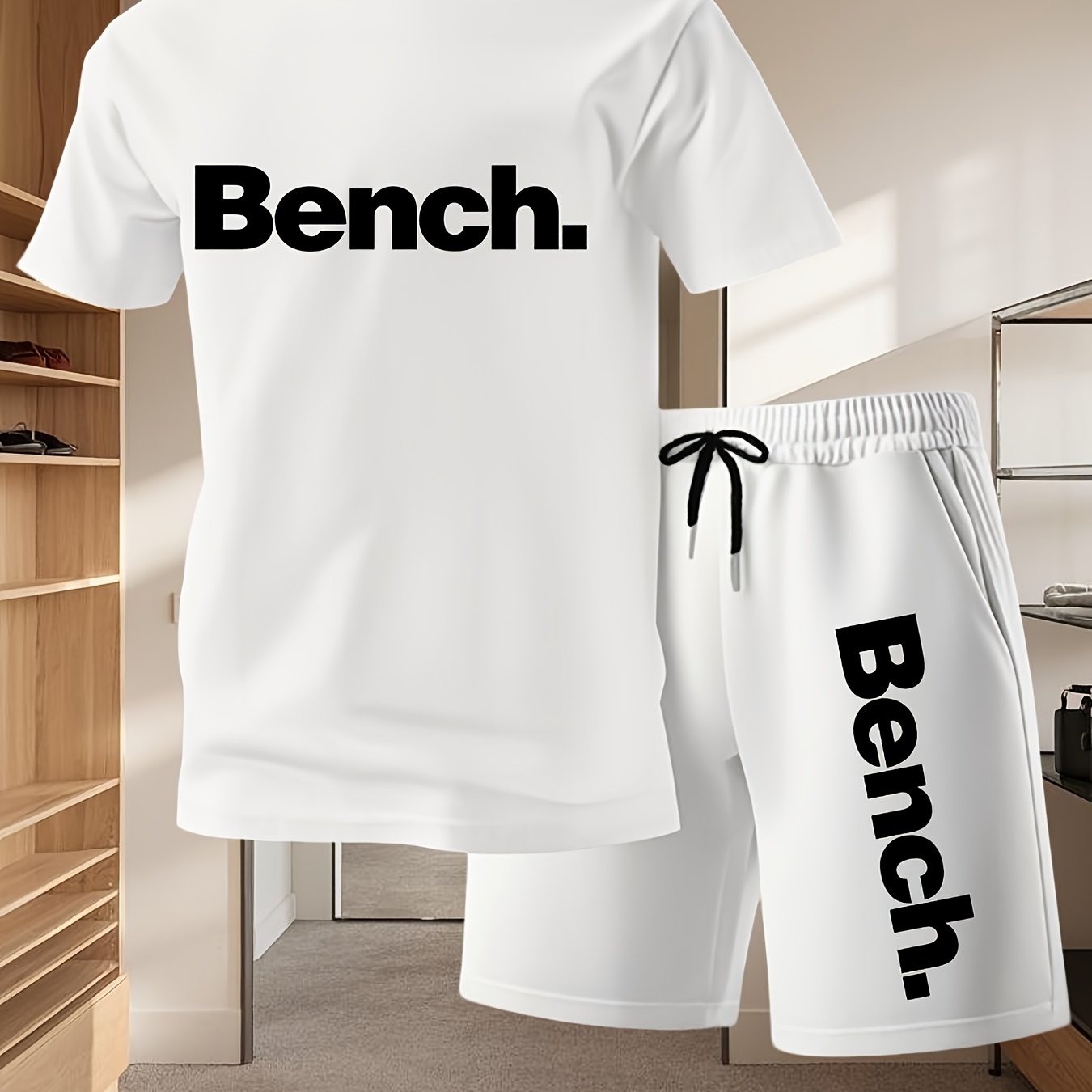 Summer Men'S Casual Sports Short Sleeve T-Shirt and Shorts Set, Comfortable Breathable, Suitable for Outdoor Jogging Running Fitness, Bench. Letter Print Design - 2pcs